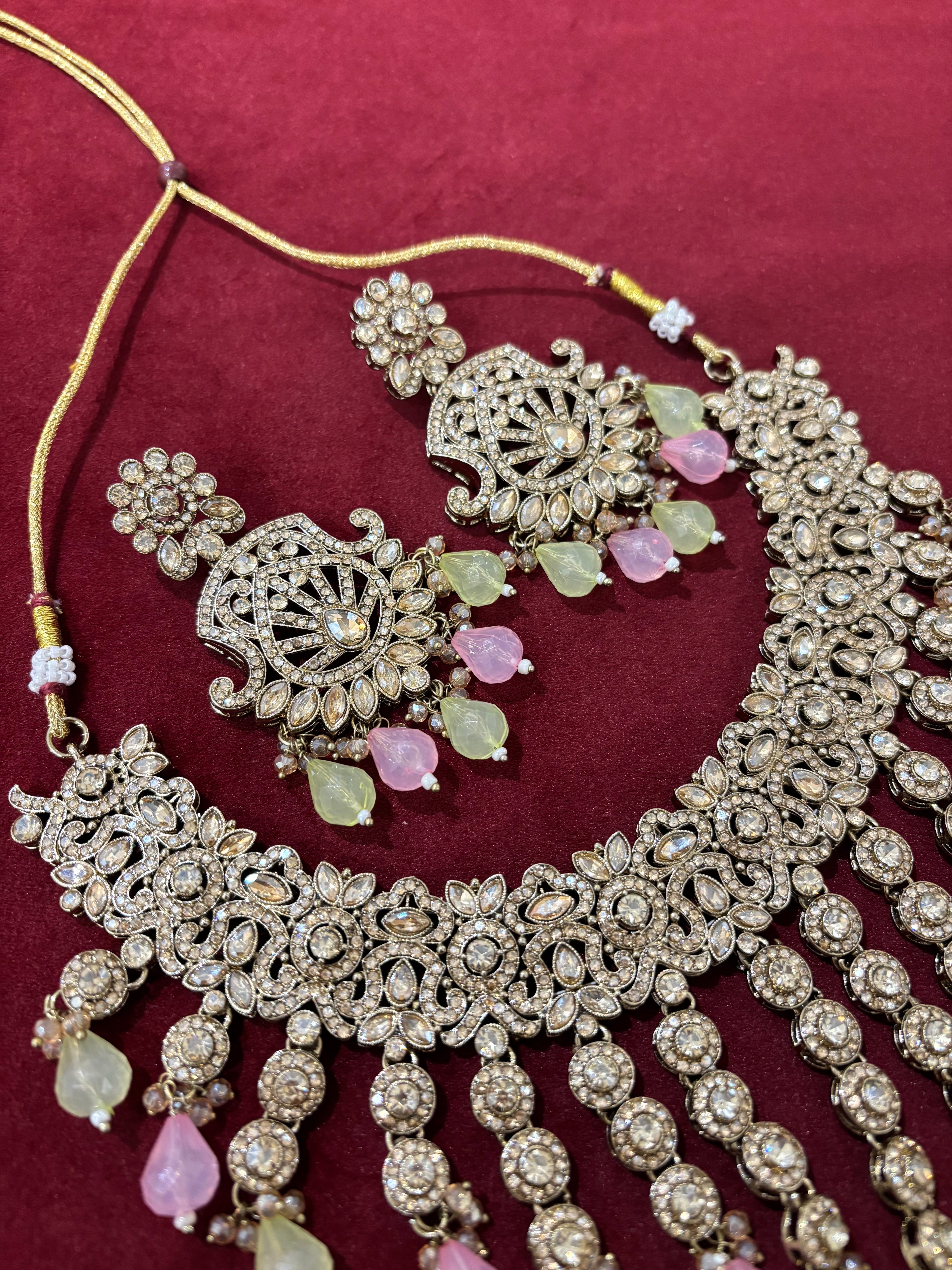 High Quality Designer Pink & Mint Mix Layer Necklace With Mang Tikka & Earrings