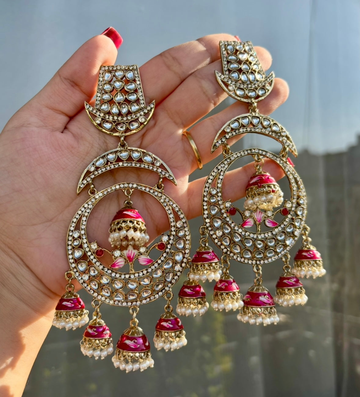Meena Chandbali Long Earrings (Dark Pink)