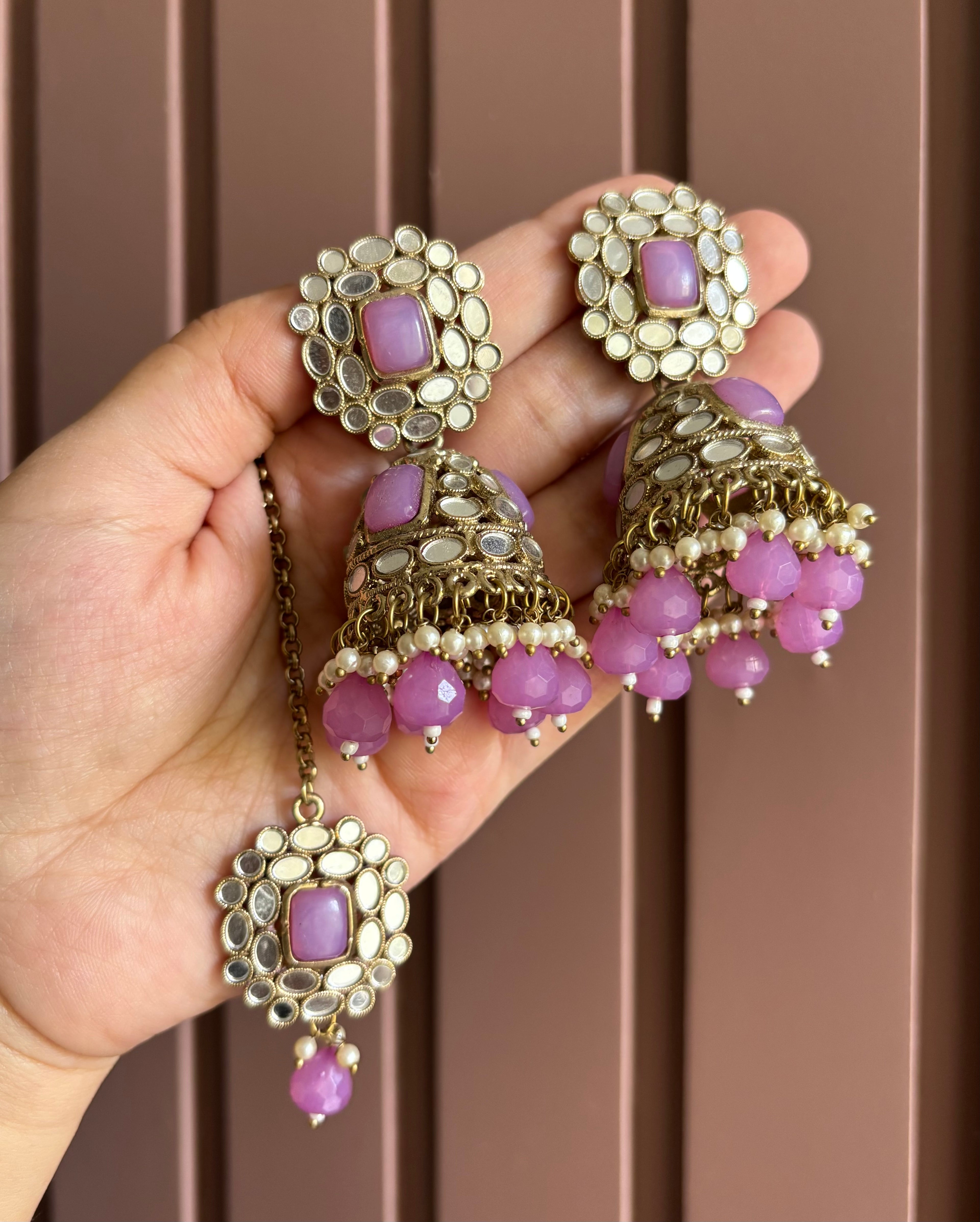 Lavender Full Mirror Work Mang Tikka & Jhumkas