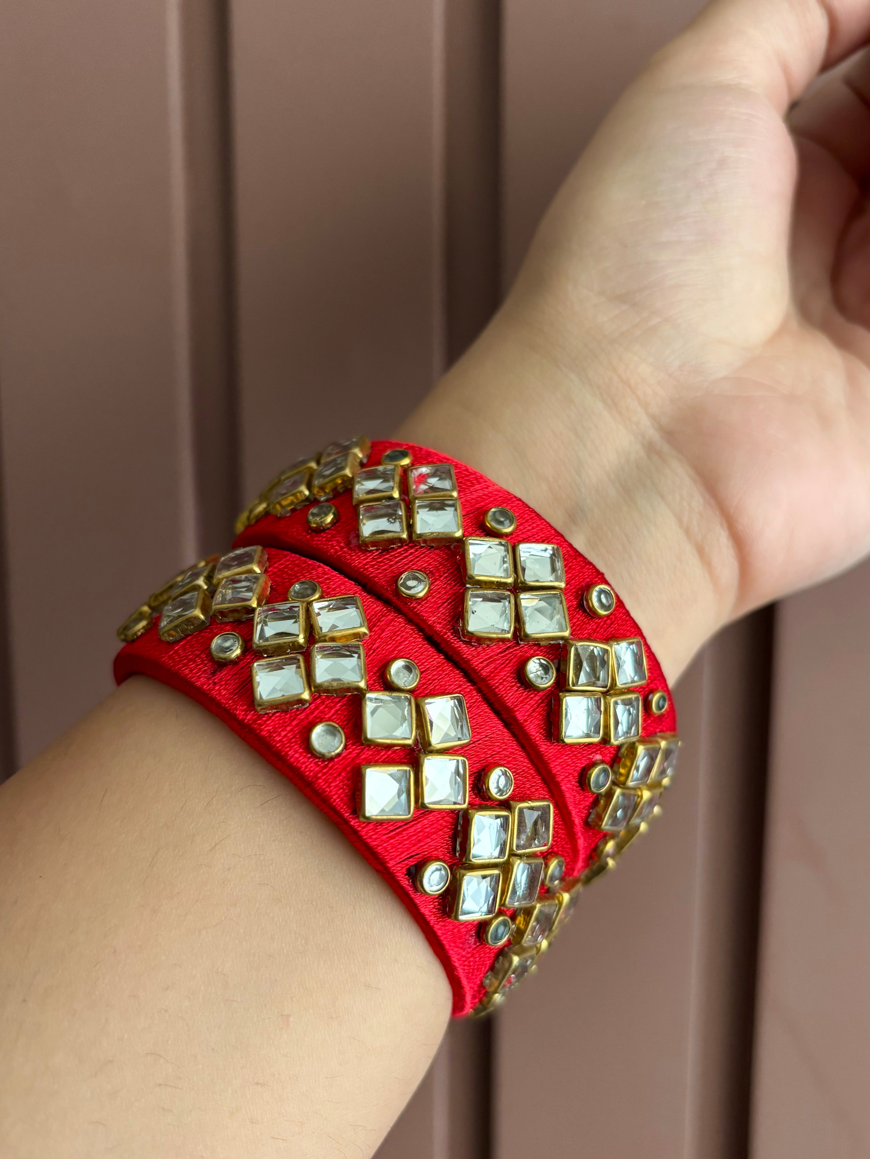Silk Thread & Kundan Work Bangles Pair ( Red )