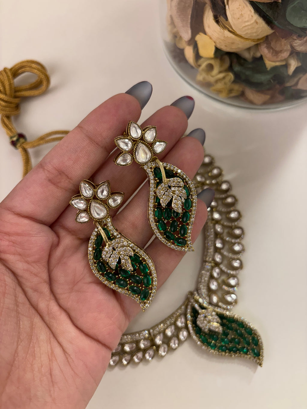 Premium Designer Moissanite & Doublet Stones Work Leaf Necklace With Earrings (Emerald)