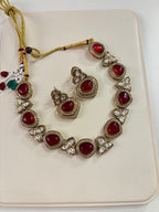 Premium Sleek Moissanite & Doublet Stones Work Necklace With Earrings (Maroon)