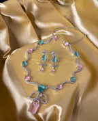 Angel American Diamond Sleek Necklace With Earrings (Pink Mint Mix)