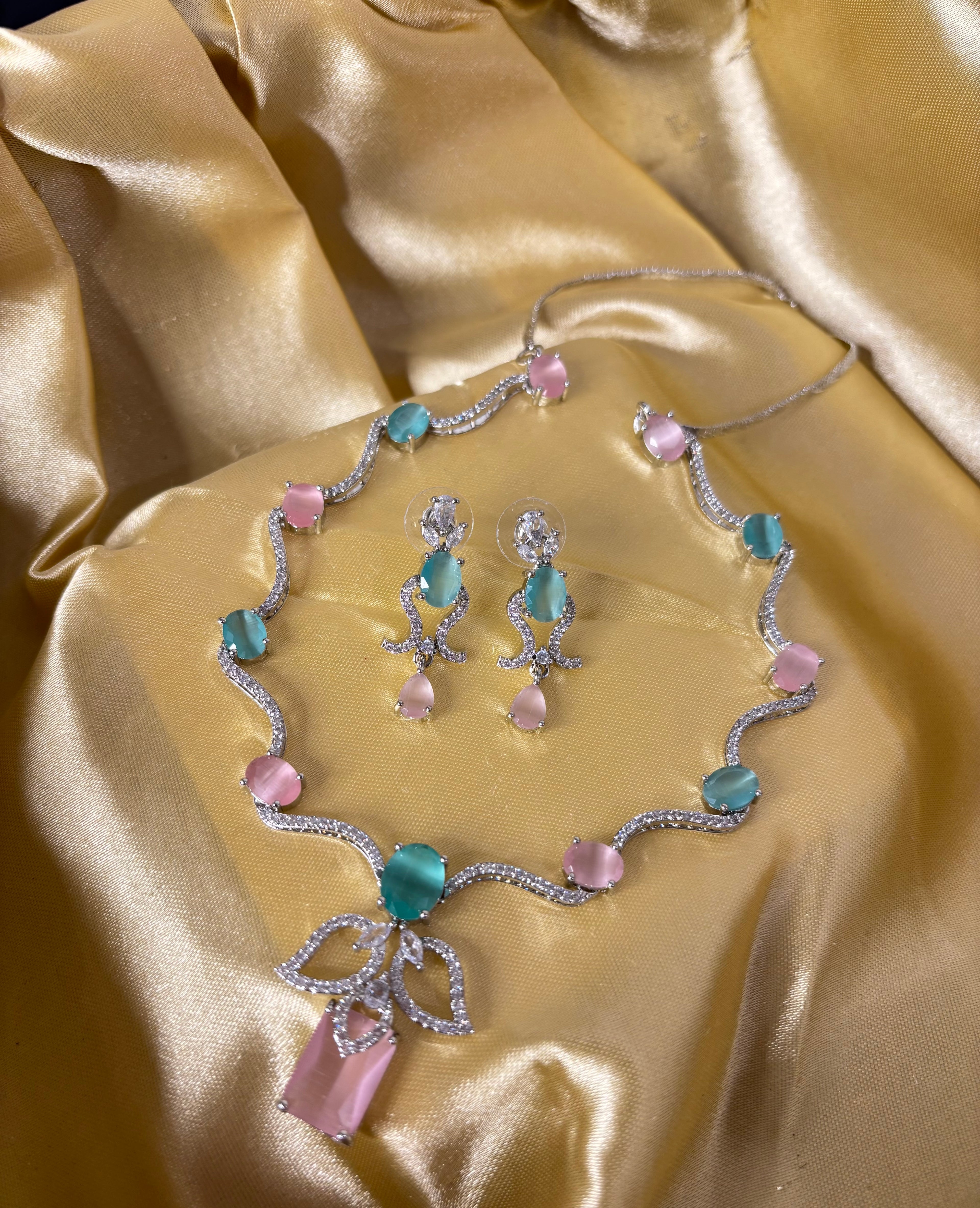 Angel American Diamond Sleek Necklace With Earrings (Pink Mint Mix)