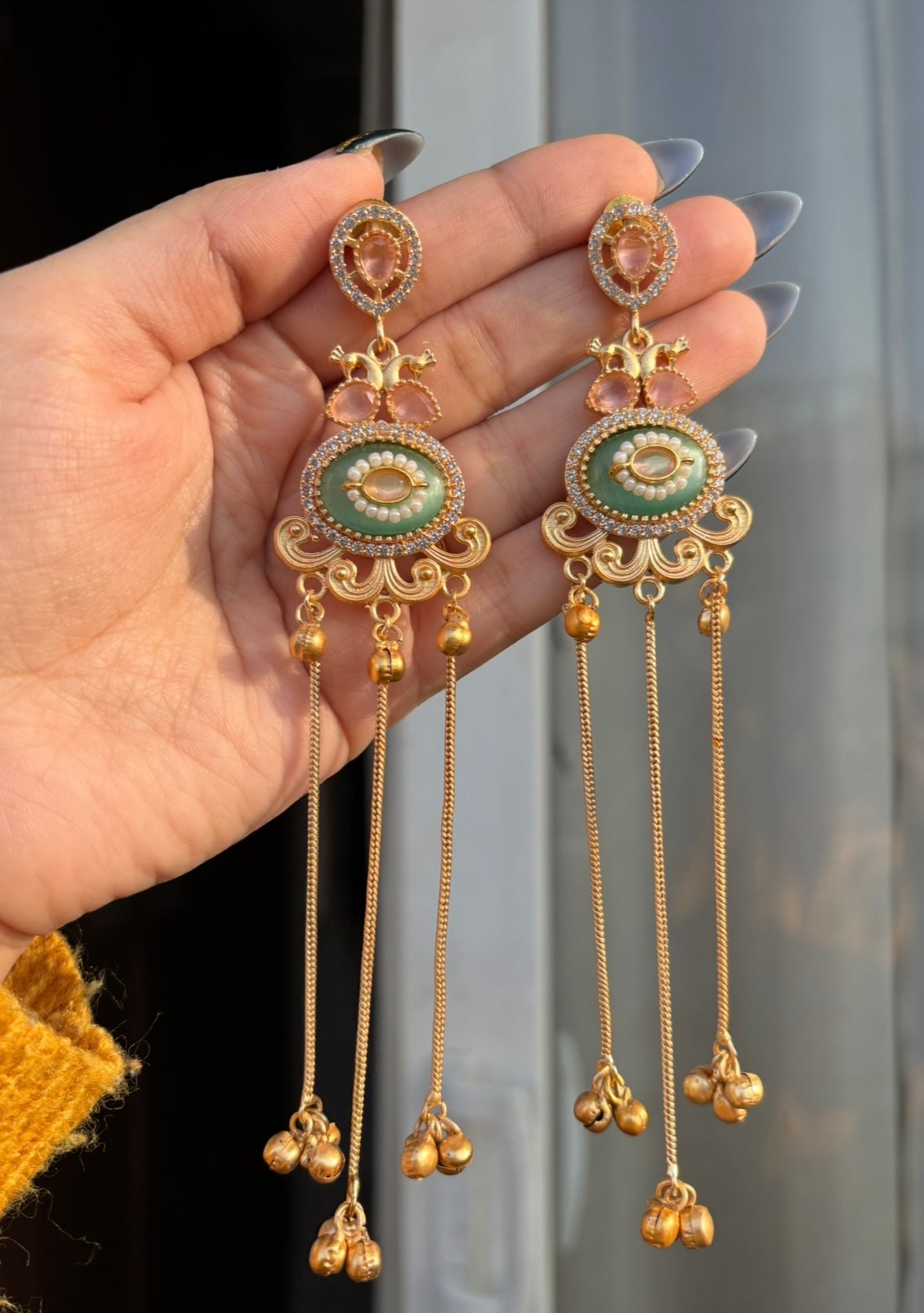 Kareena Kashmiri Long Layer Earrings (Pink Mint Mix)