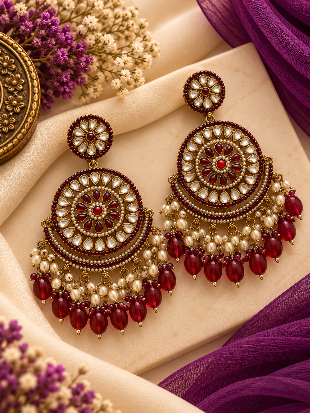 Round Jadau Earrings (Maroon)