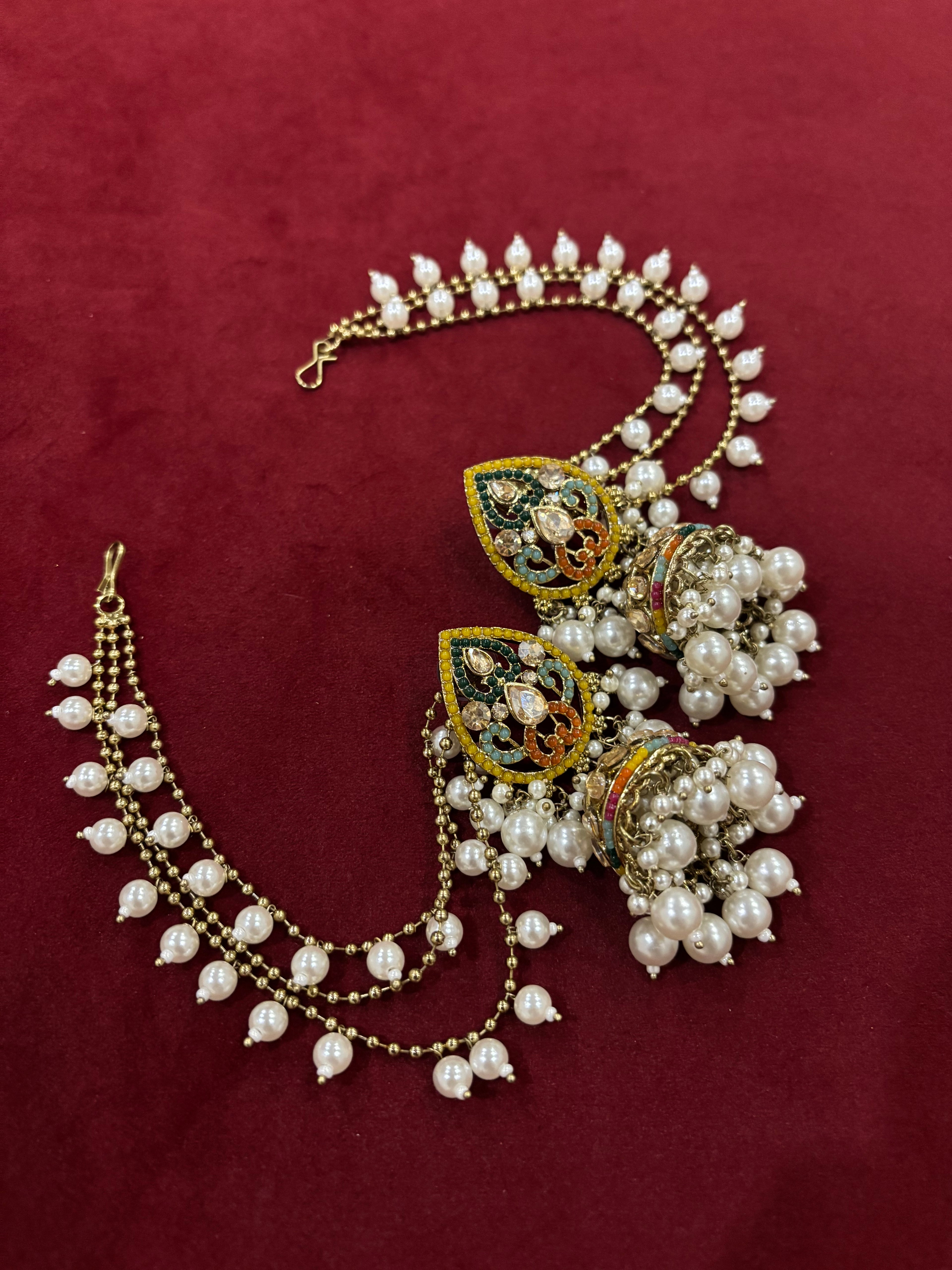 High Quality Designer Multi Almond Jhumkas With Detachable Earchain