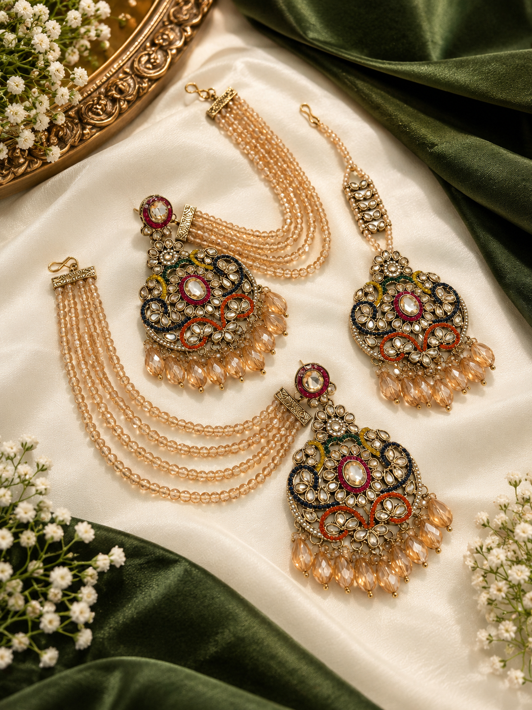 Heavy Look Jadau Multi Mang Tikka With Earrings & Side Layer