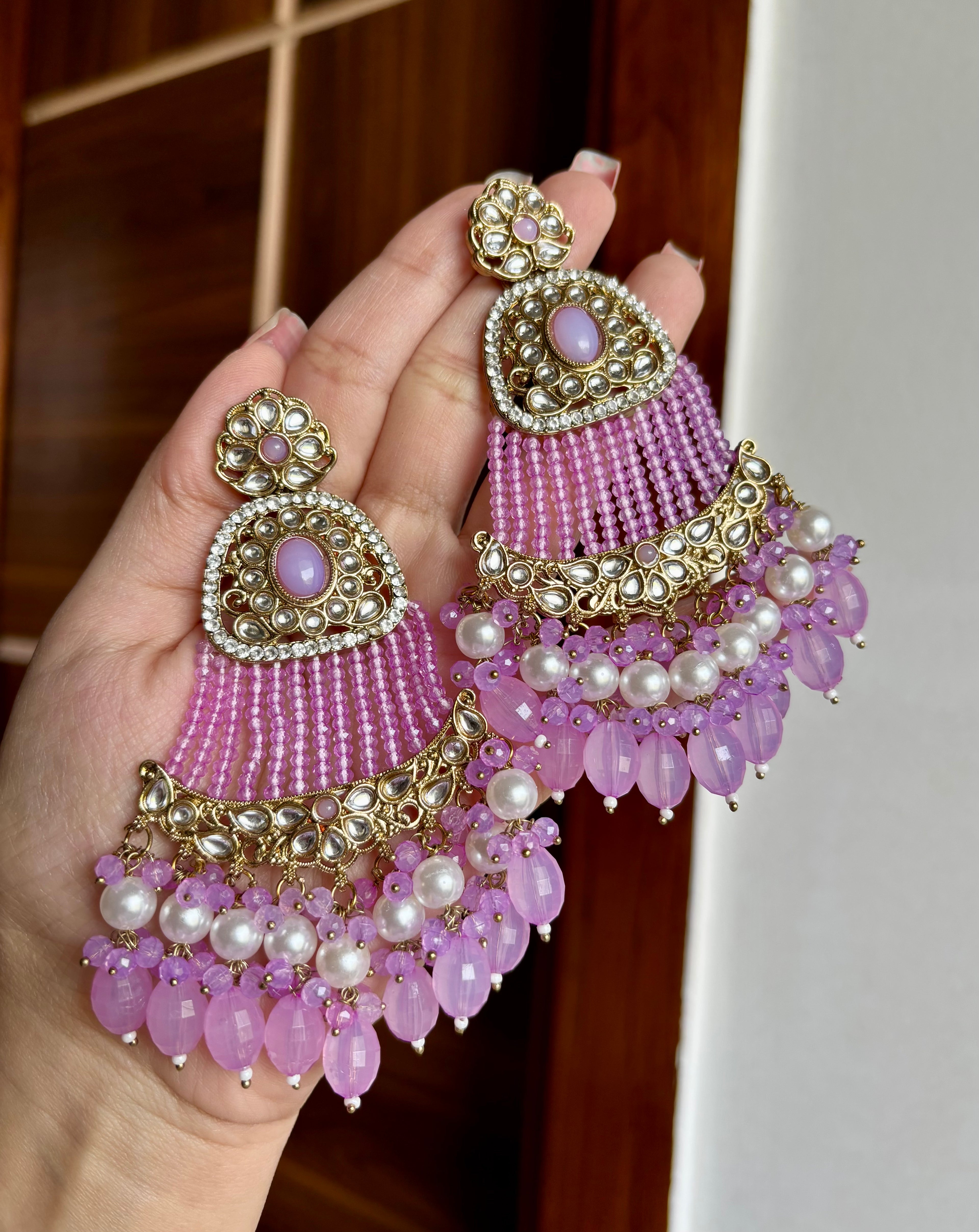 High Quality Designer Mughal Long Earrings ( Lavender)