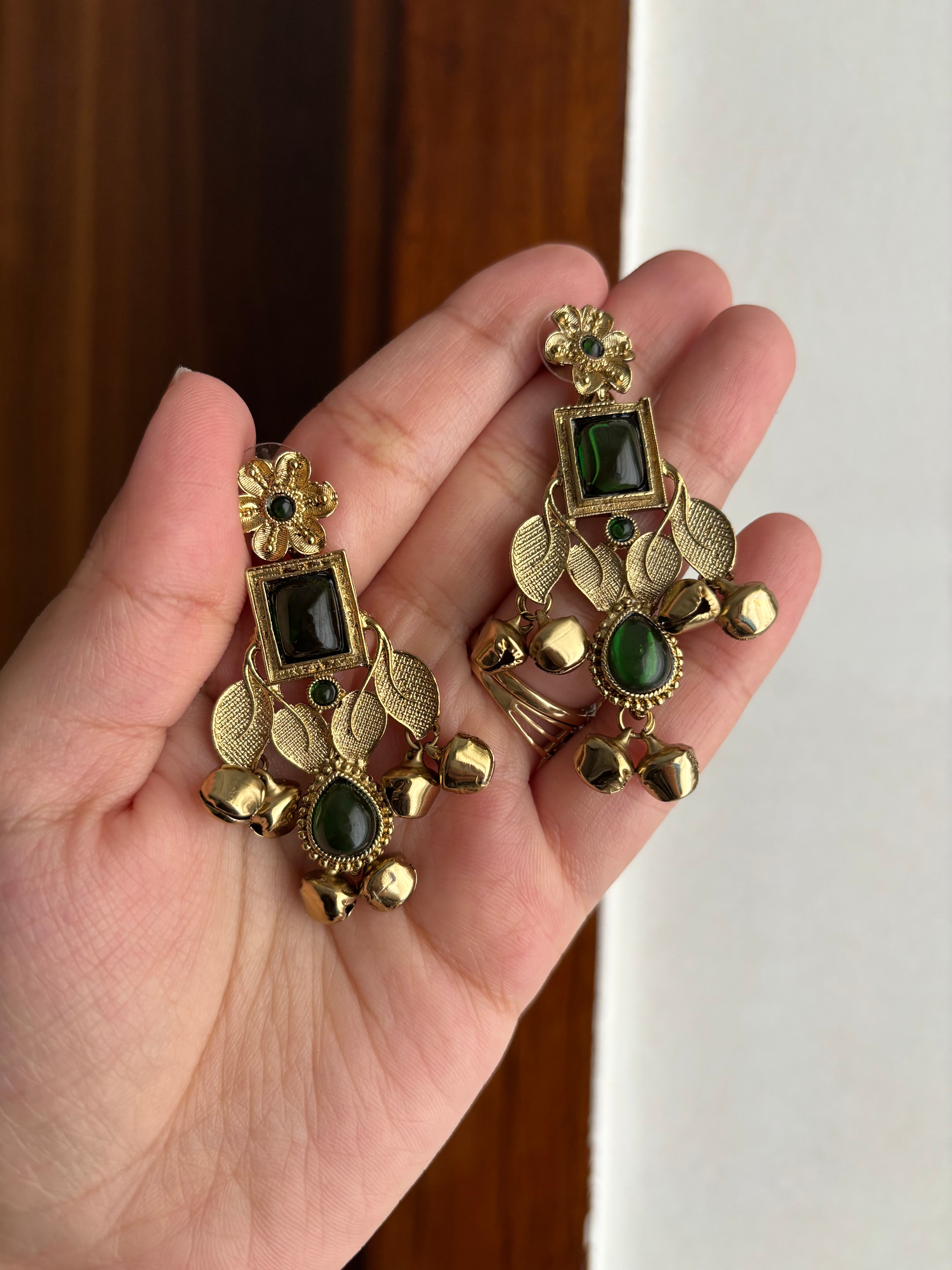 Flower Leaf Designer Earrings (Emerald)