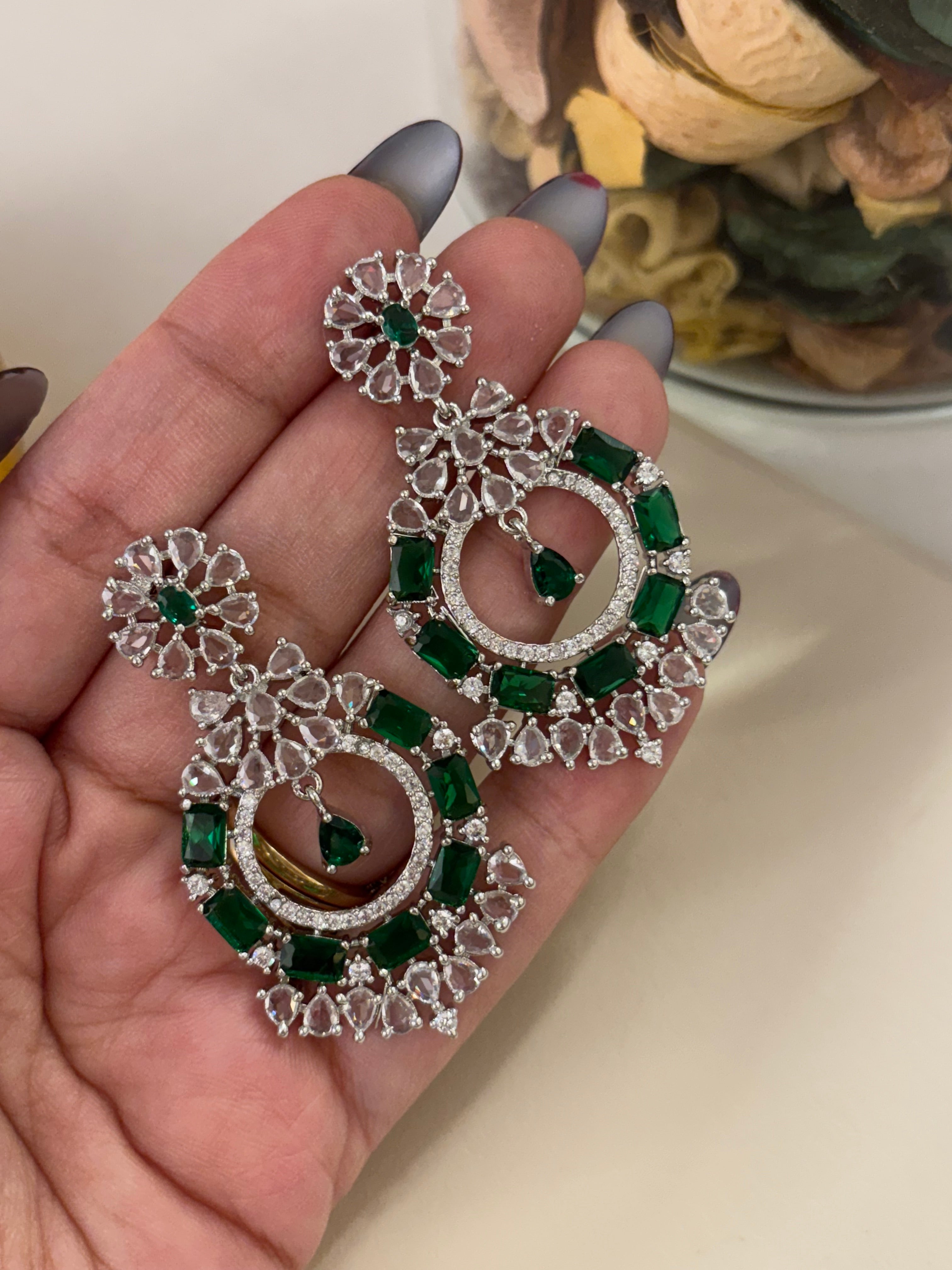 American Diamond Dazzling Earrings (Emerald)