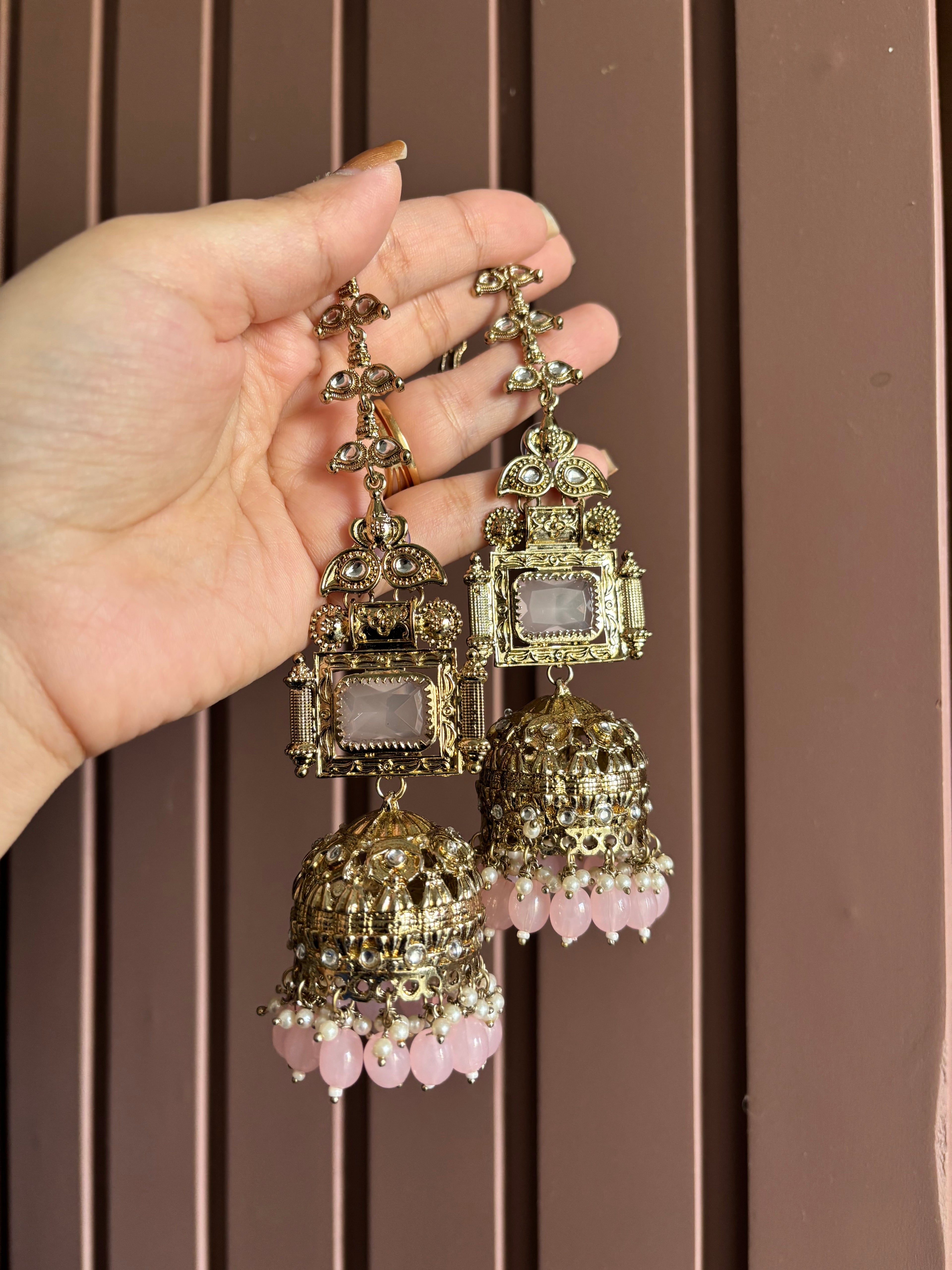 Champa Heavy Look Jhumkas With Sahara (Baby Pink)