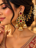 Ritika Round Kashmiri Jhumkas With Detachable Earchain (Ruby/Green)