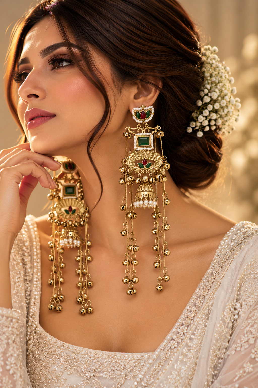 Nitika Kashmiri Long Layer Earrings (Maroon/Green)