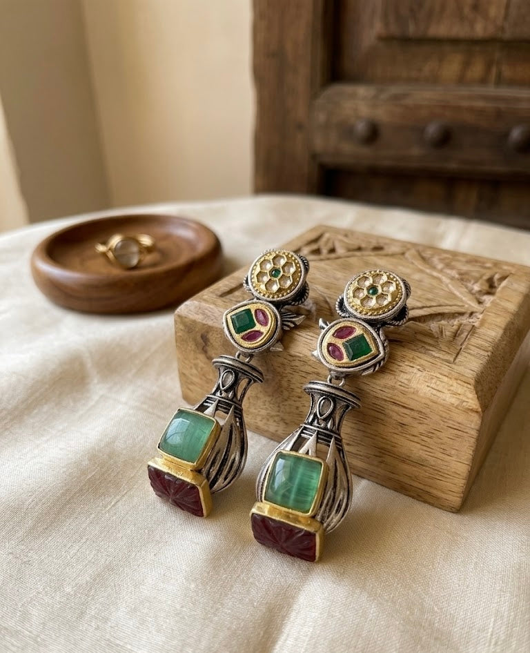 Premium German Silver Earrings (Turquoise & Ruby)
