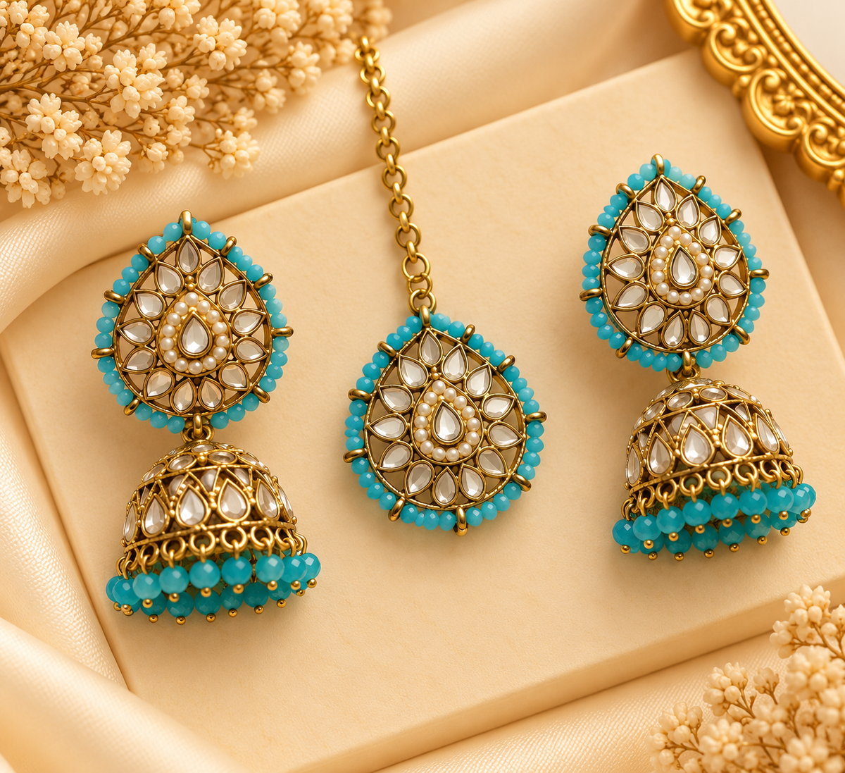 Mirror Touch Mang Tikka With Jhumkas (Turquoise)