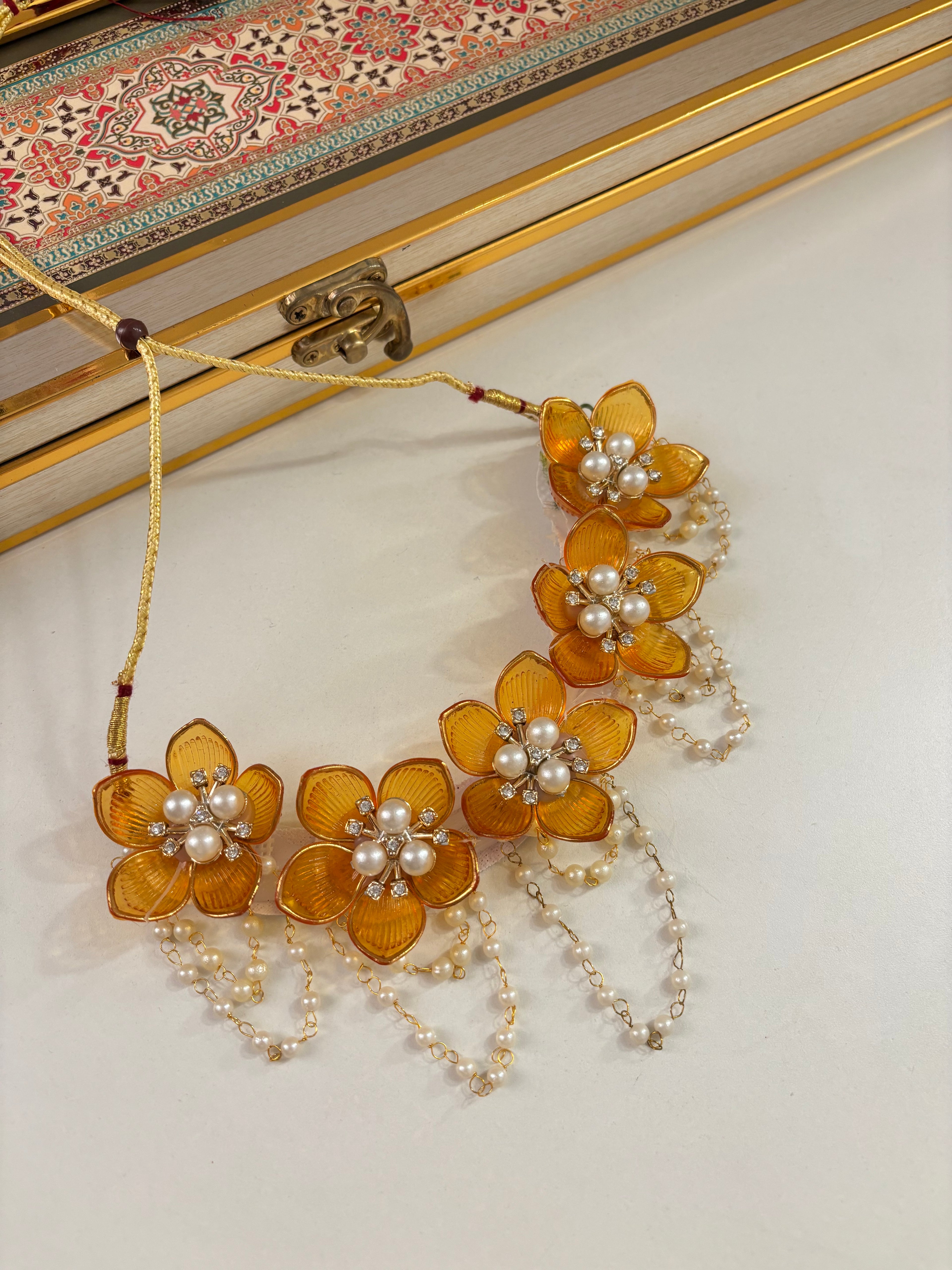 Flower Petal Floral Necklace With Mang Tikka & Earrings (Yellow)