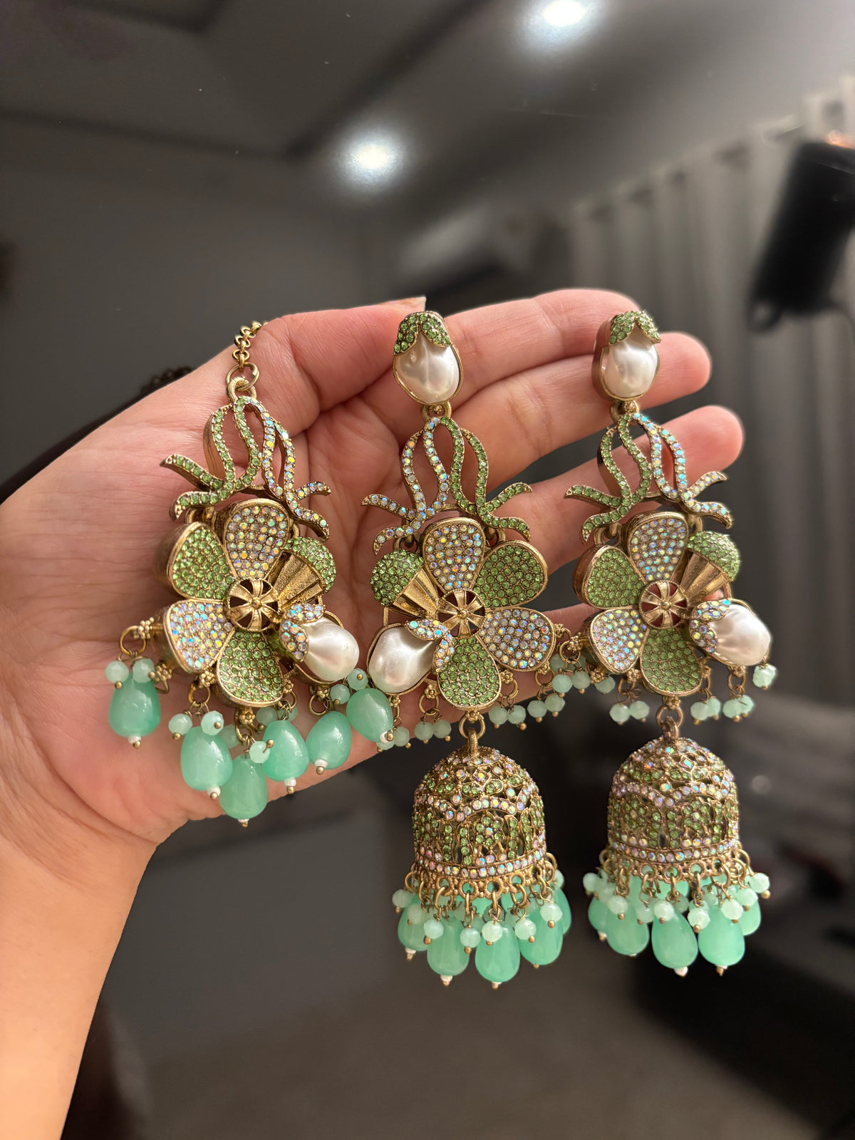 Premium Designer Turkish Long Earrings With Mang Tikka (Mint)