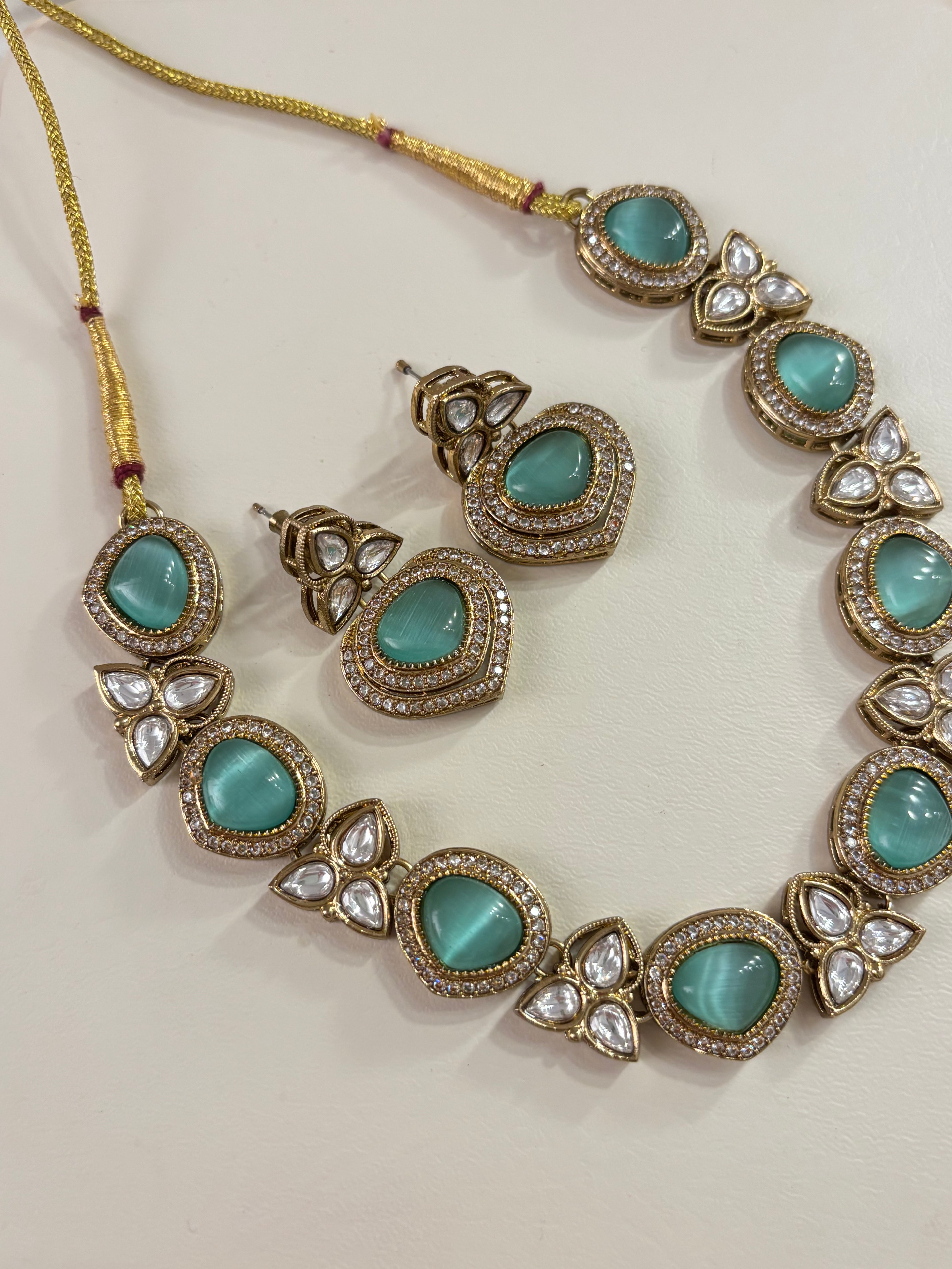 Premium Sleek Moissanite & Doublet Stones Work Necklace With Earrings (Turquoise)