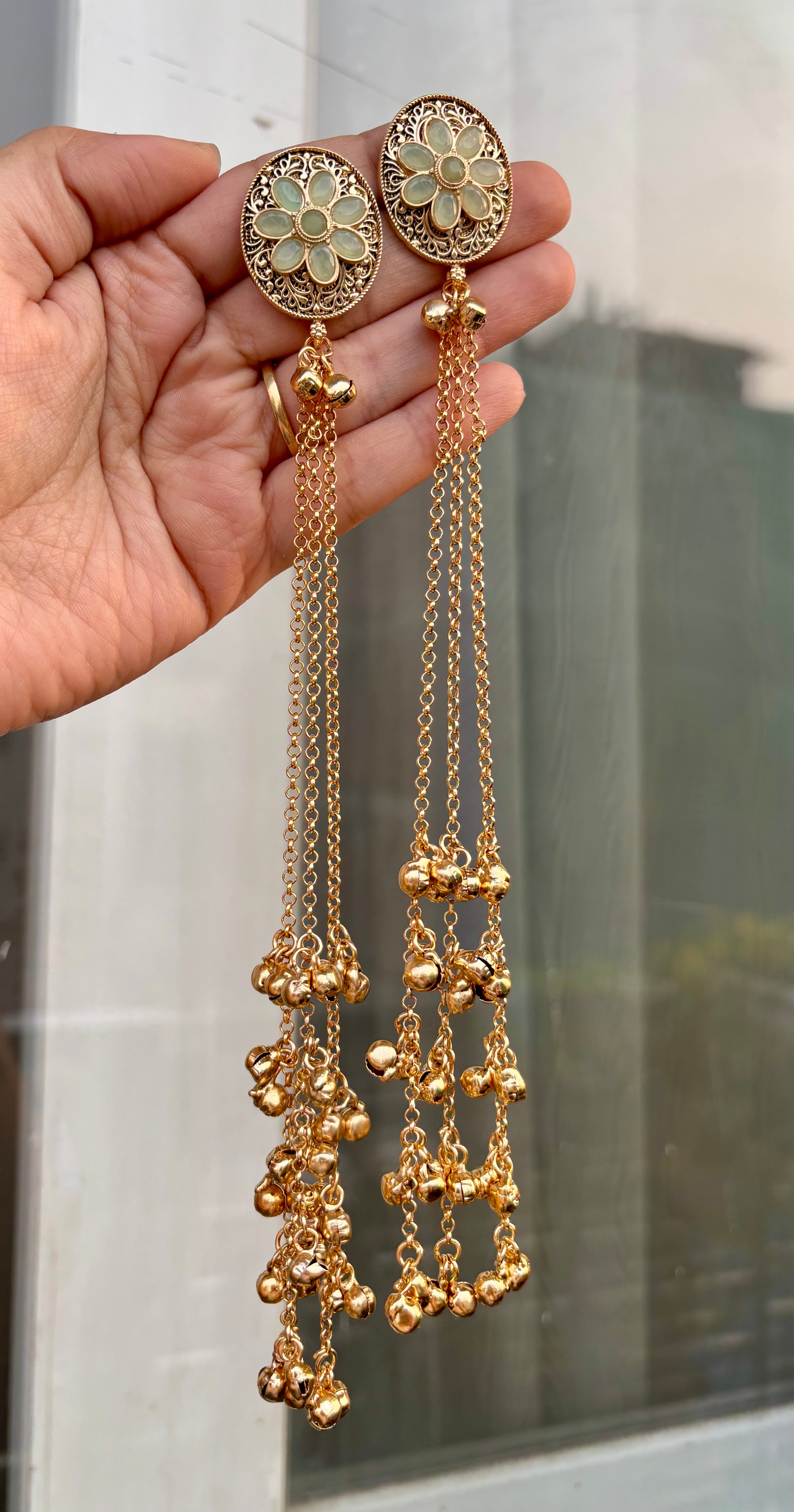 Mint Flower Stud Kashmiri Long Layer Ghungroo Earrings