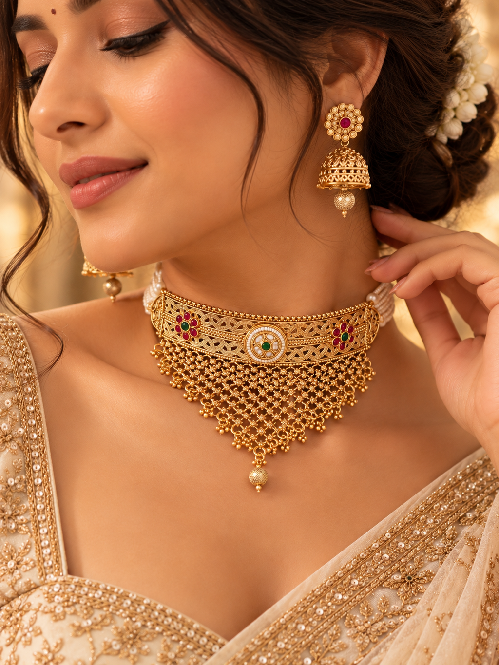 Premium Gold Look Like Heavy Look Choker Set With Jhumkas Design-1