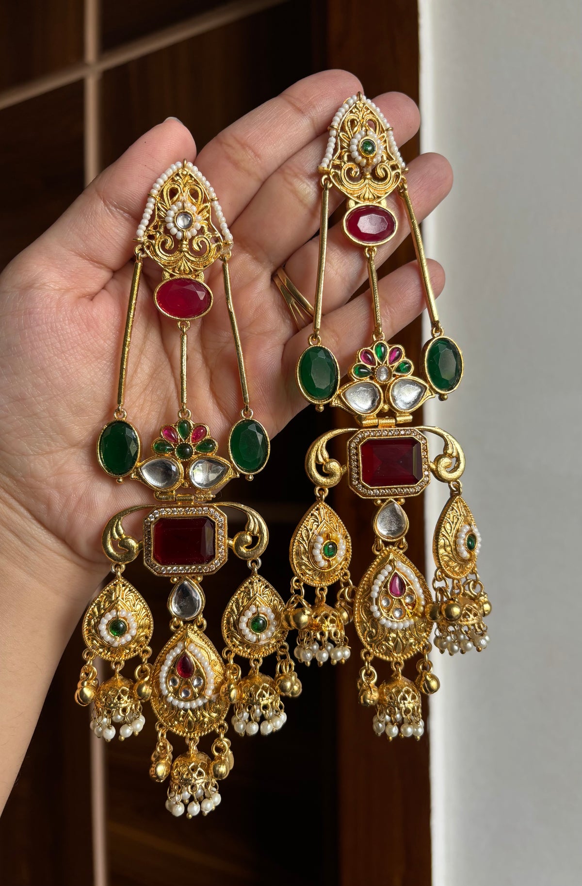 High Quality Designer Long Kashmiri Earrings (Ruby/Emerald)