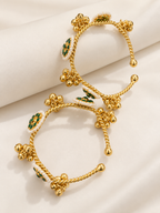 3 Flower Brass Kashmiri Ghungroo Adjustable Bangles (Emerald)
