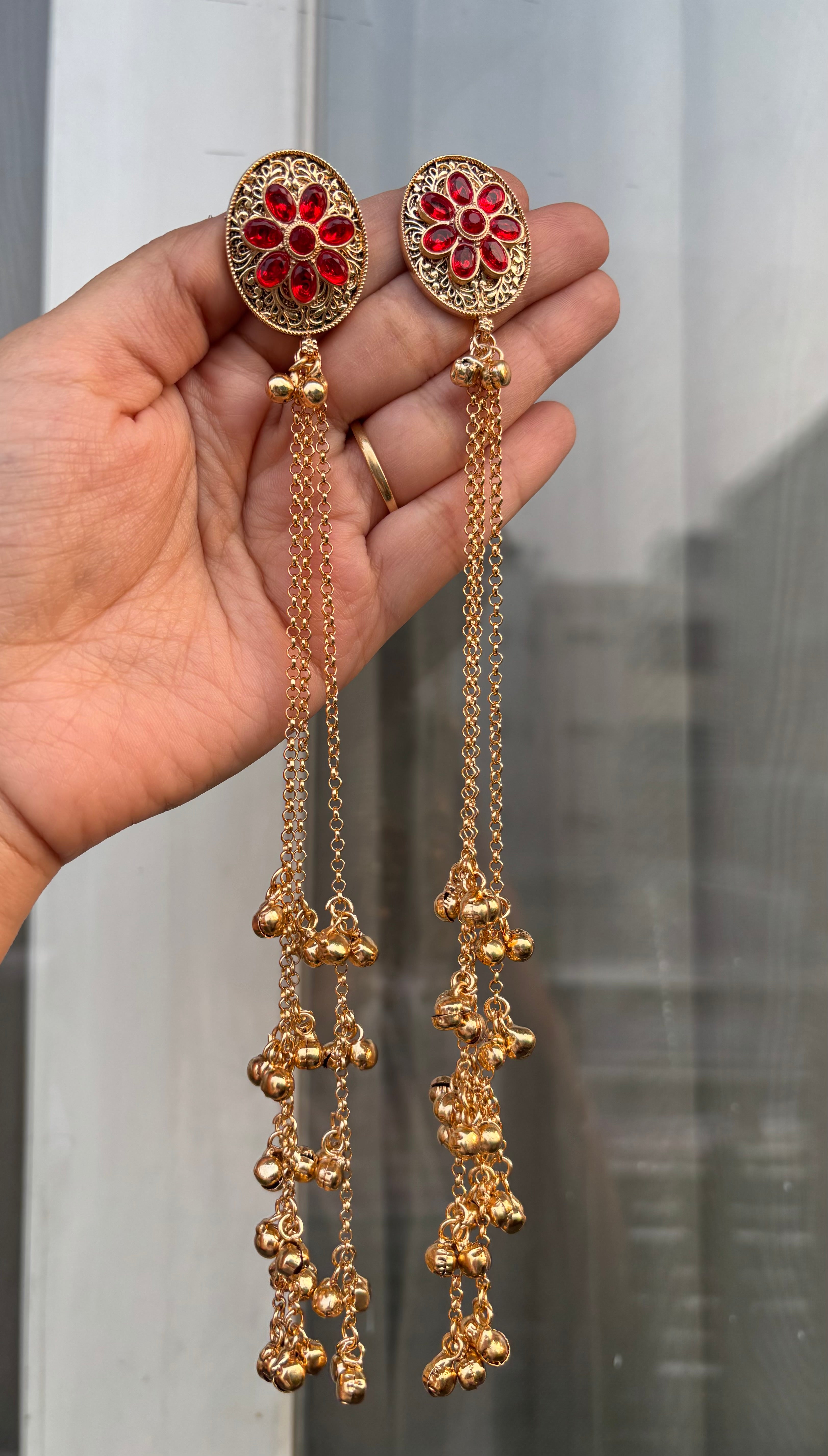 Red Flower Stud Kashmiri Long Layer Ghungroo Earrings
