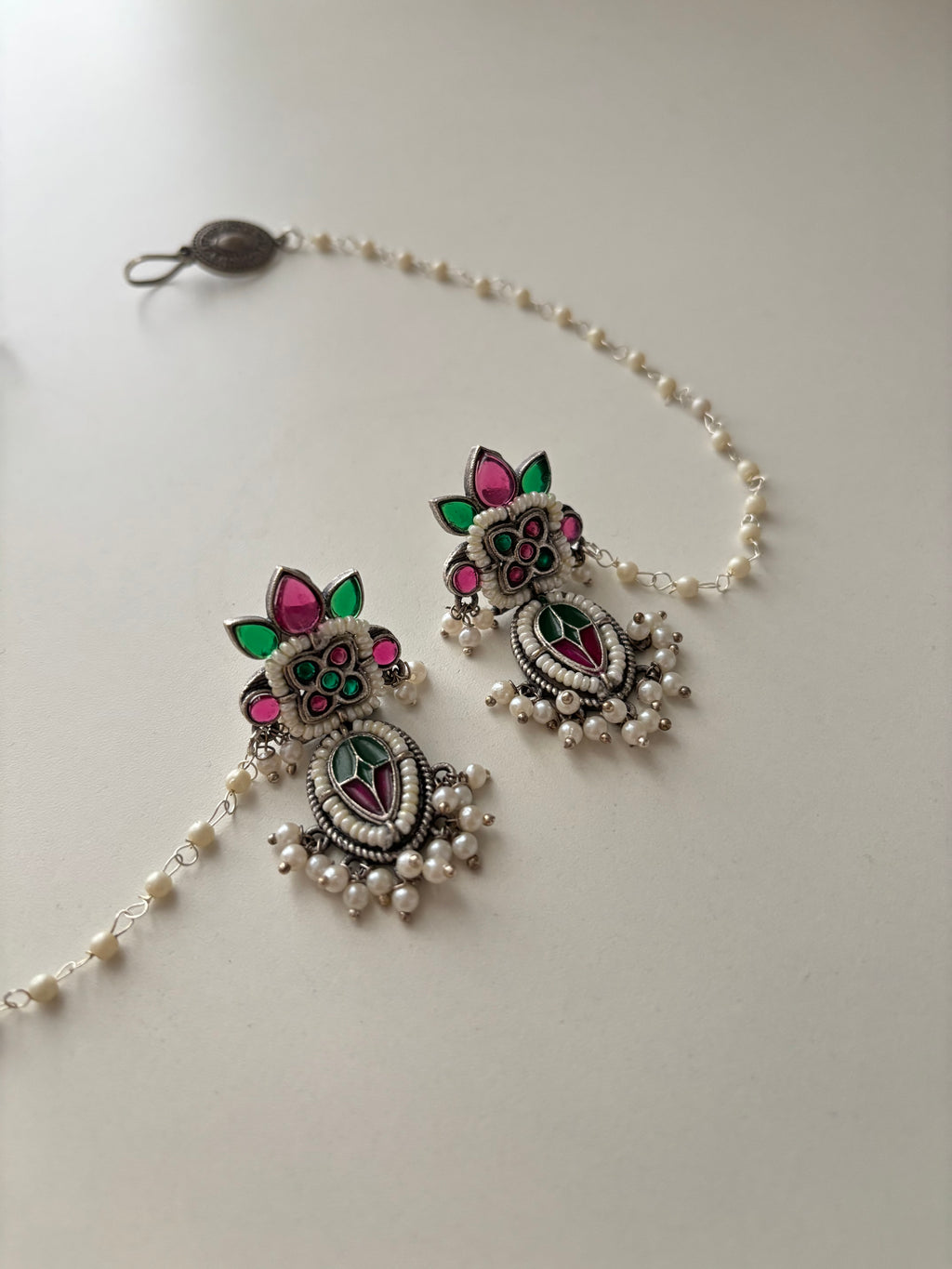German Silver Earrings With Side Layer (Ruby/Emerald)