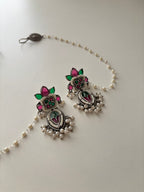 German Silver Earrings With Side Layer (Ruby/Emerald)