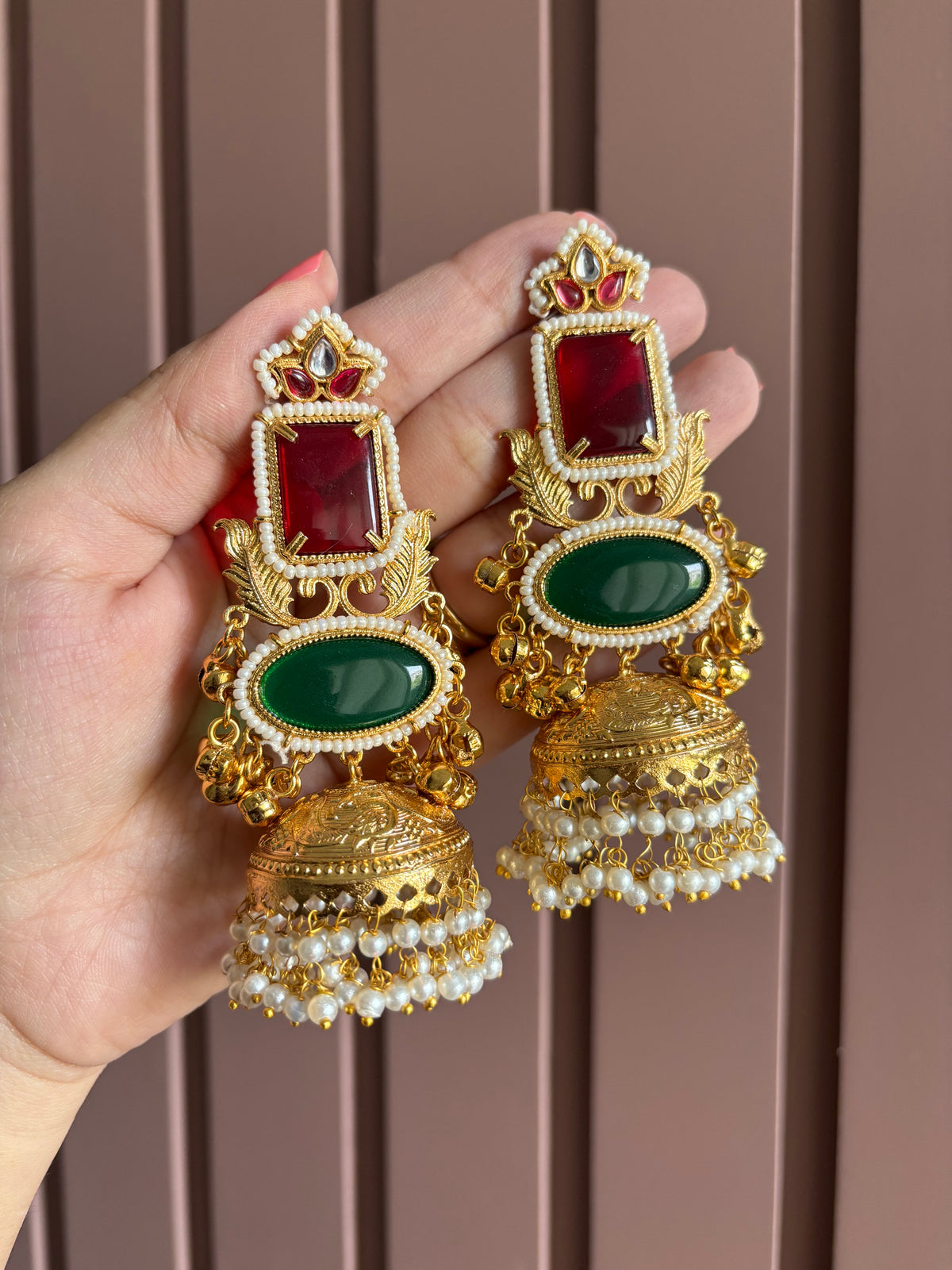 Classy Brass Jhumkas (Ruby/Green)