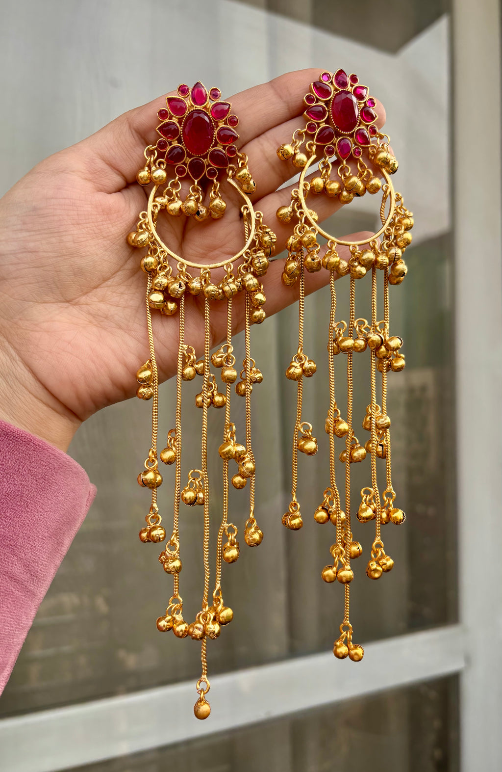 Ruby Flower Long Kashmiri Earrings With Ghungroo Touch