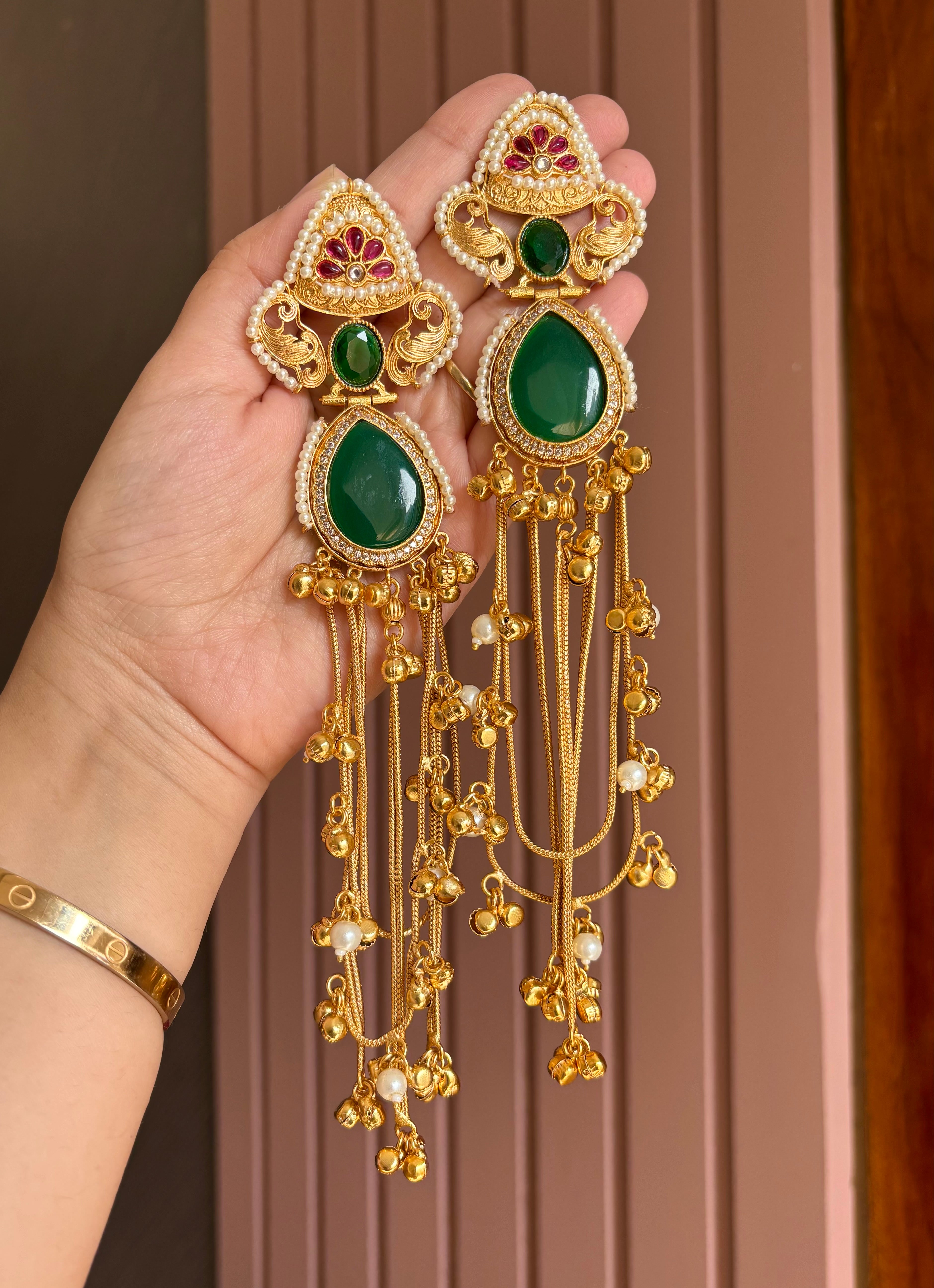 Yamini Kashmiri Designer Long Earrings ( Green )