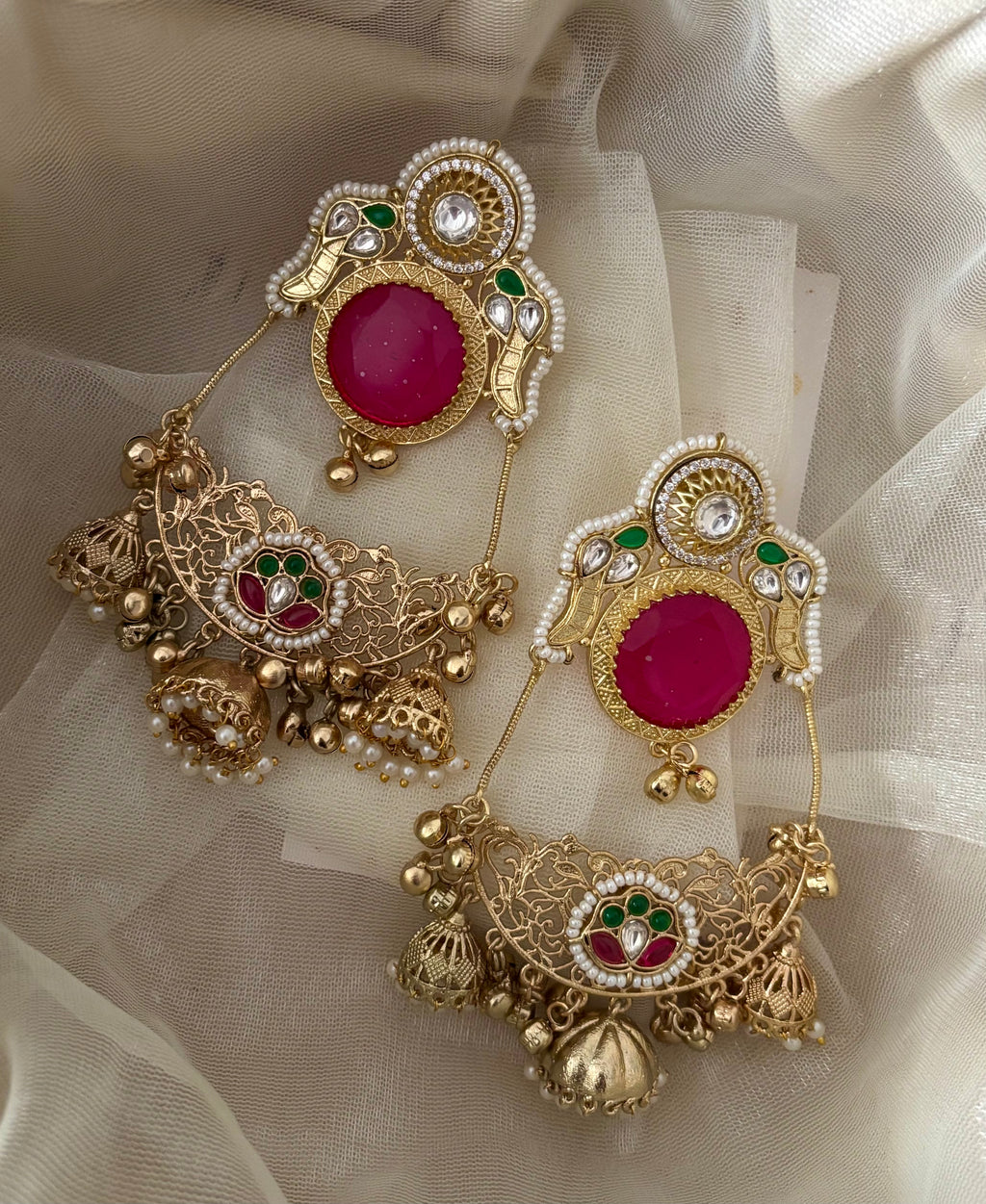 Laila Kashmiri Chandbali Earrings (Dark Pink)