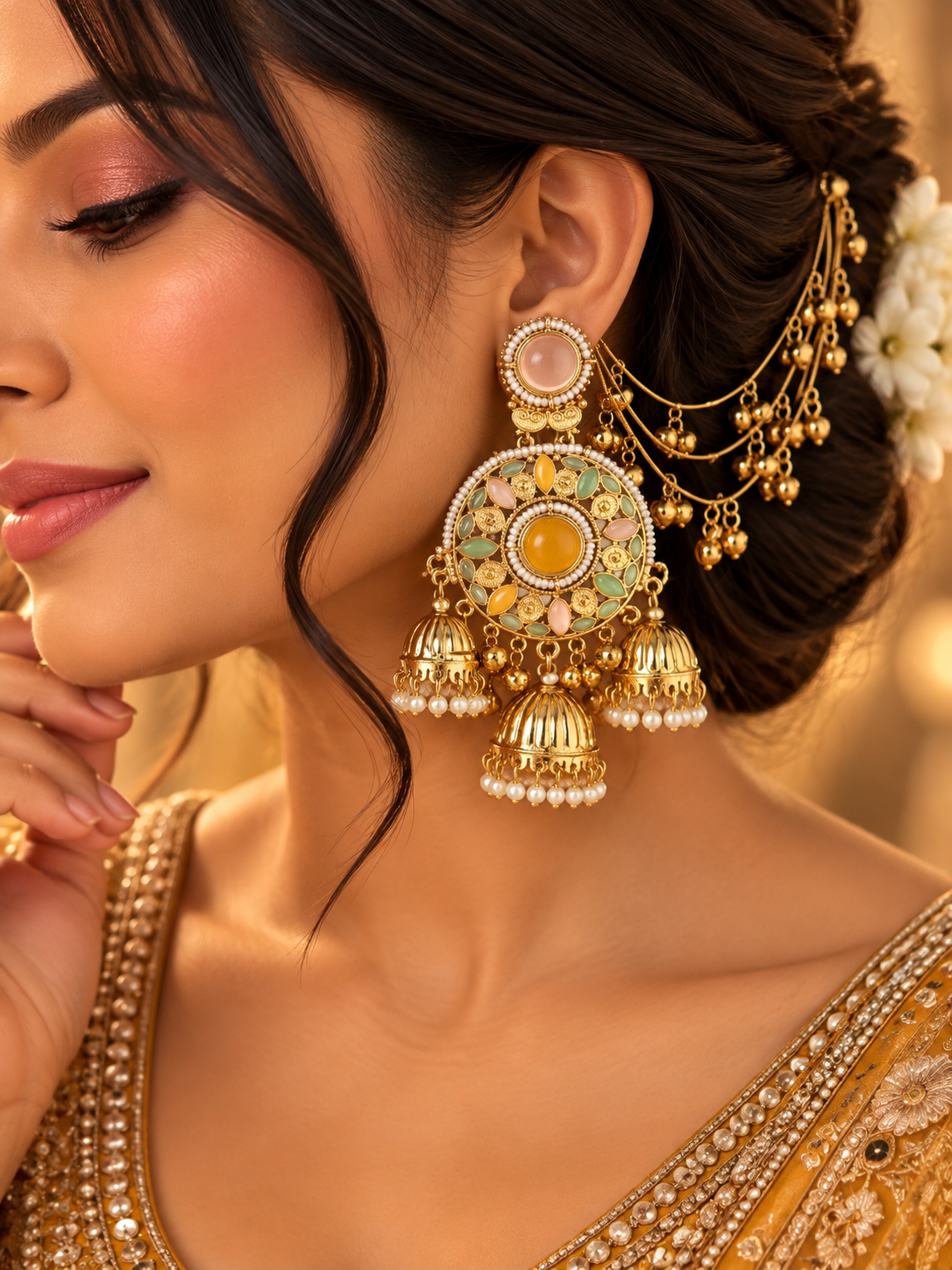 Ritika Round Kashmiri Jhumkas With Detachable Earchain (Pastel Shade)