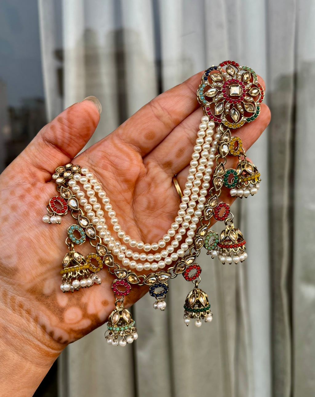 Multi Navratan Stud Earrings With Side Layers