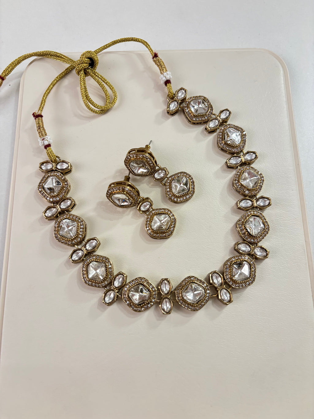 Premium Sleek Moissanite & Doublet Stones Work Necklace With Double Drop Earrings