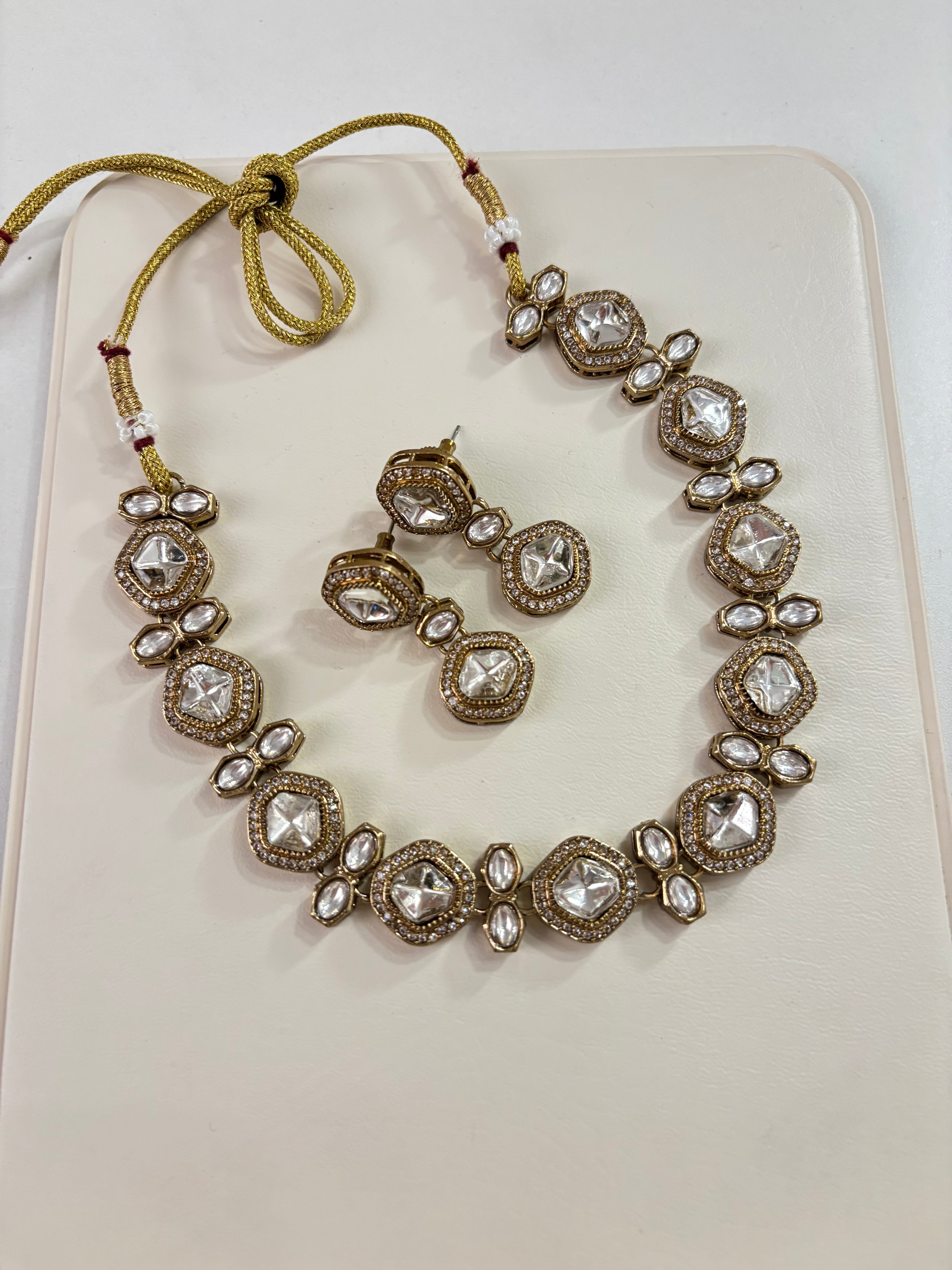 Premium Sleek Moissanite & Doublet Stones Work Necklace With Double Drop Earrings