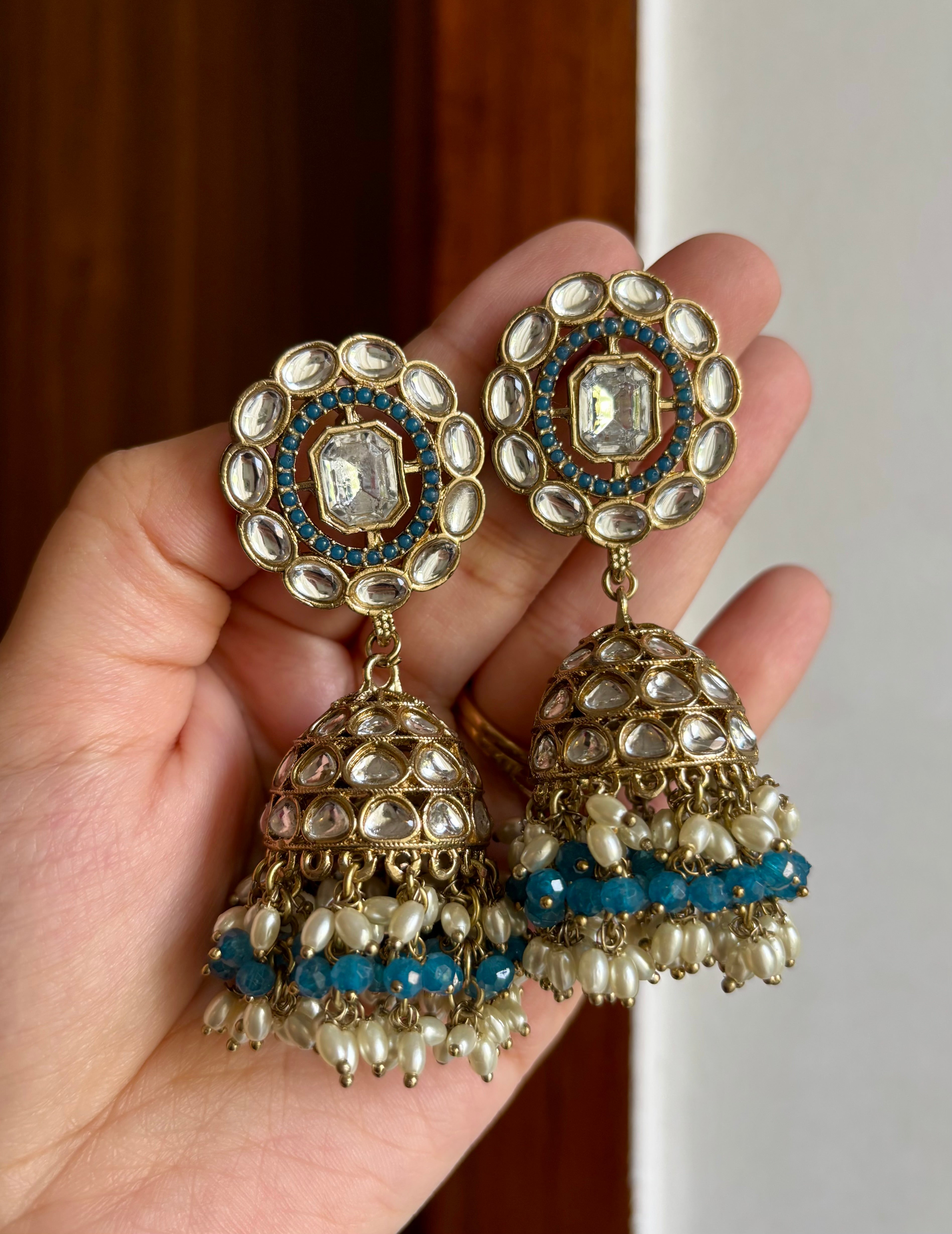 Tavleen Designer Kundan Jhumkas (Teal Blue)