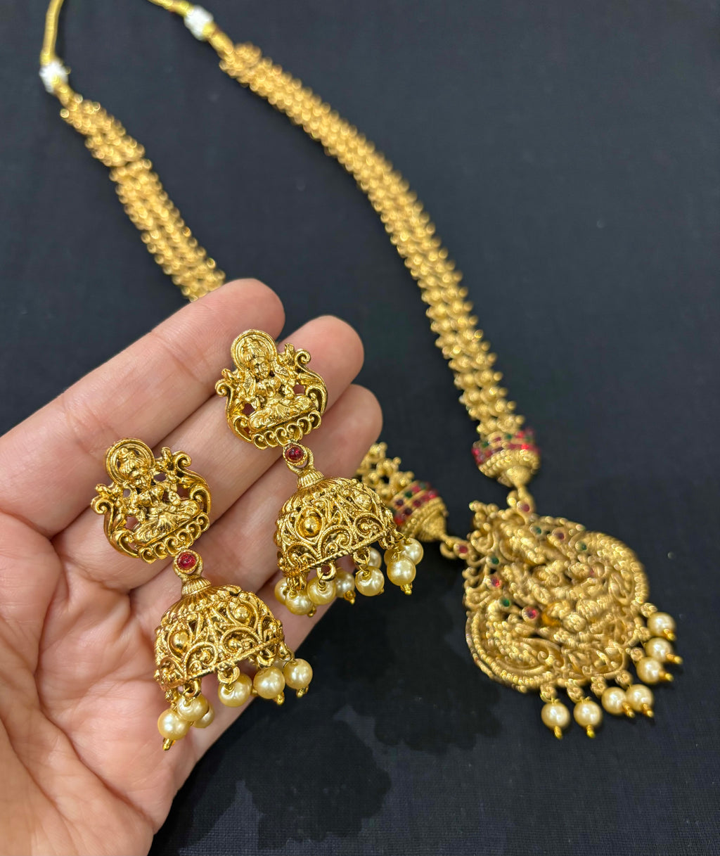 High Quality Long Laxmi Temple Rani Haar With Jhumkas