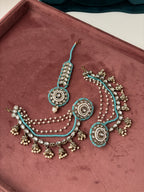 High Quality Designer Round Turquoise Mang Tikka With Stud Earrings & Side Layers