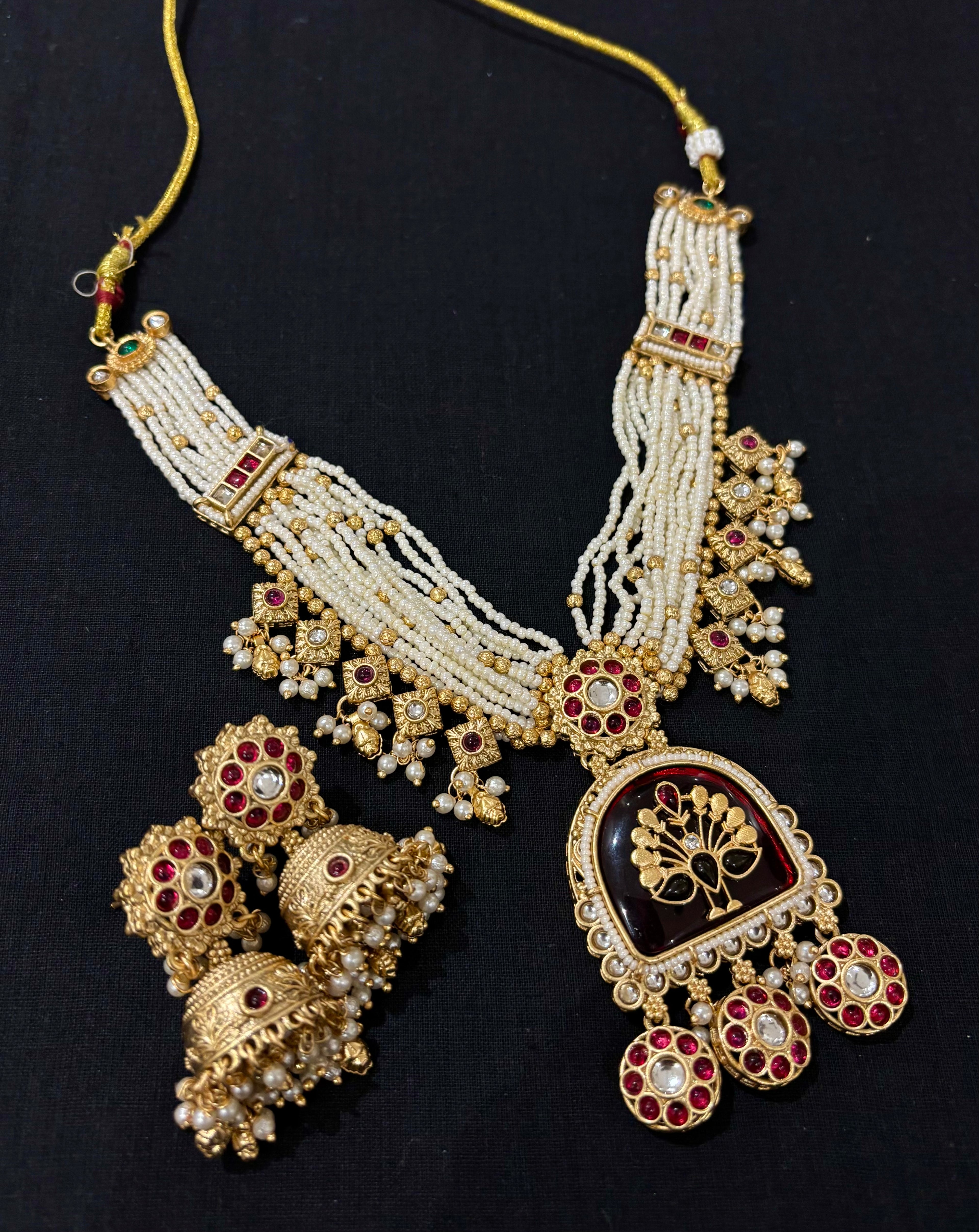 High Quality Designer Heritage Classy Necklace With Jhumkas ( Maroon )