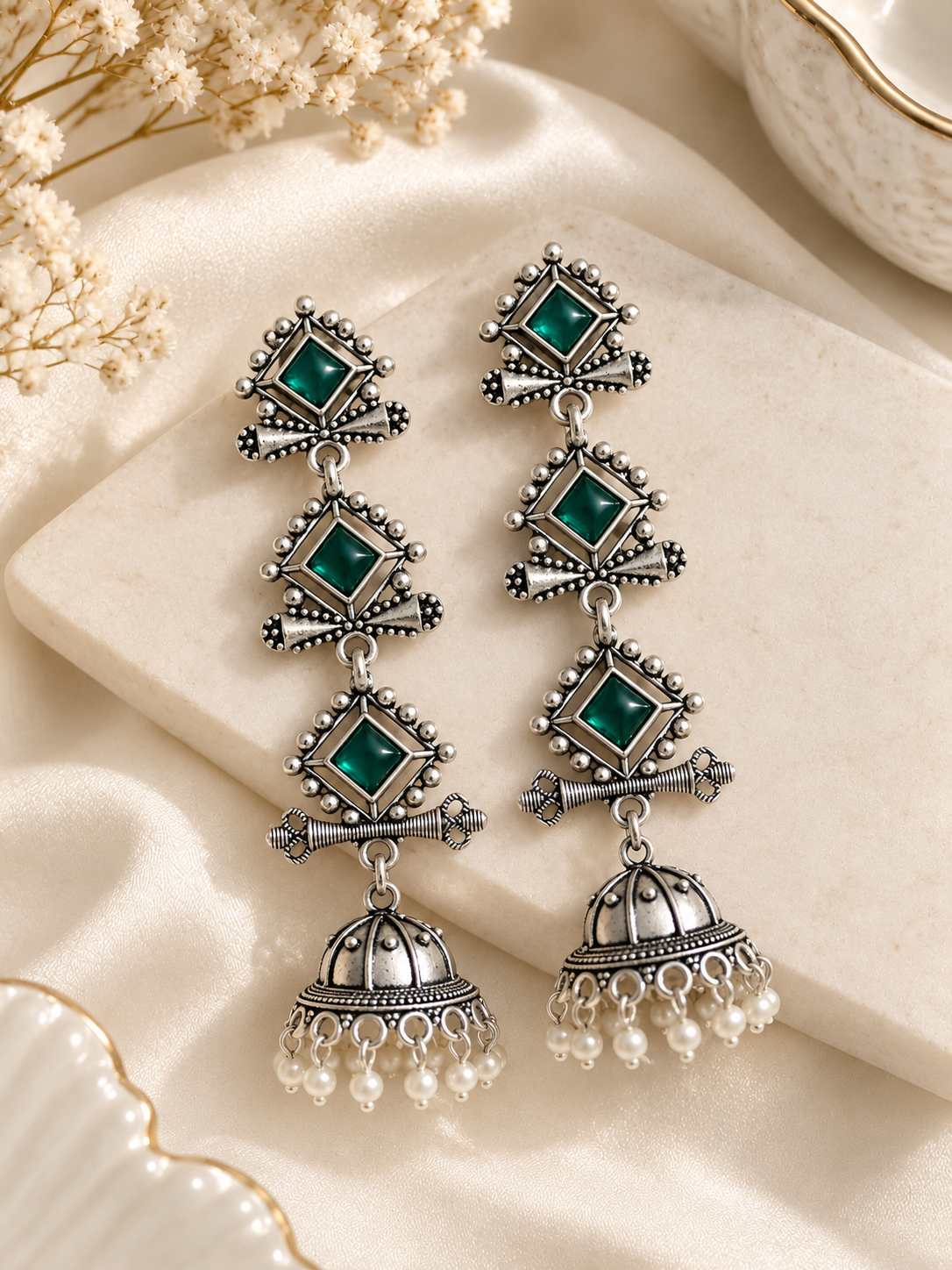 Aliya German Silver Jhumki (Green)