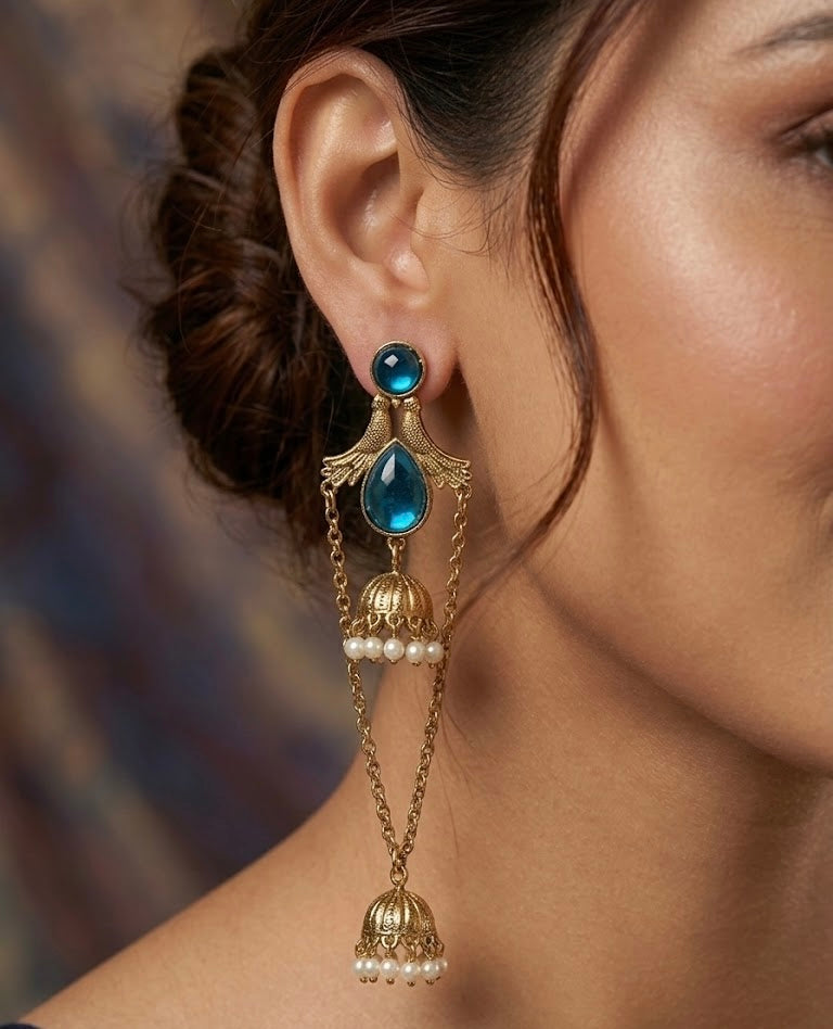 Simran Long Kashmiri Earrings ( Blue )