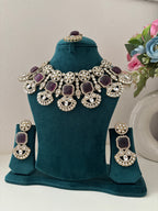 High Quality Designer Kundan Heavy Look Necklace With Mang Tikka & Earrings (Dark Onion)
