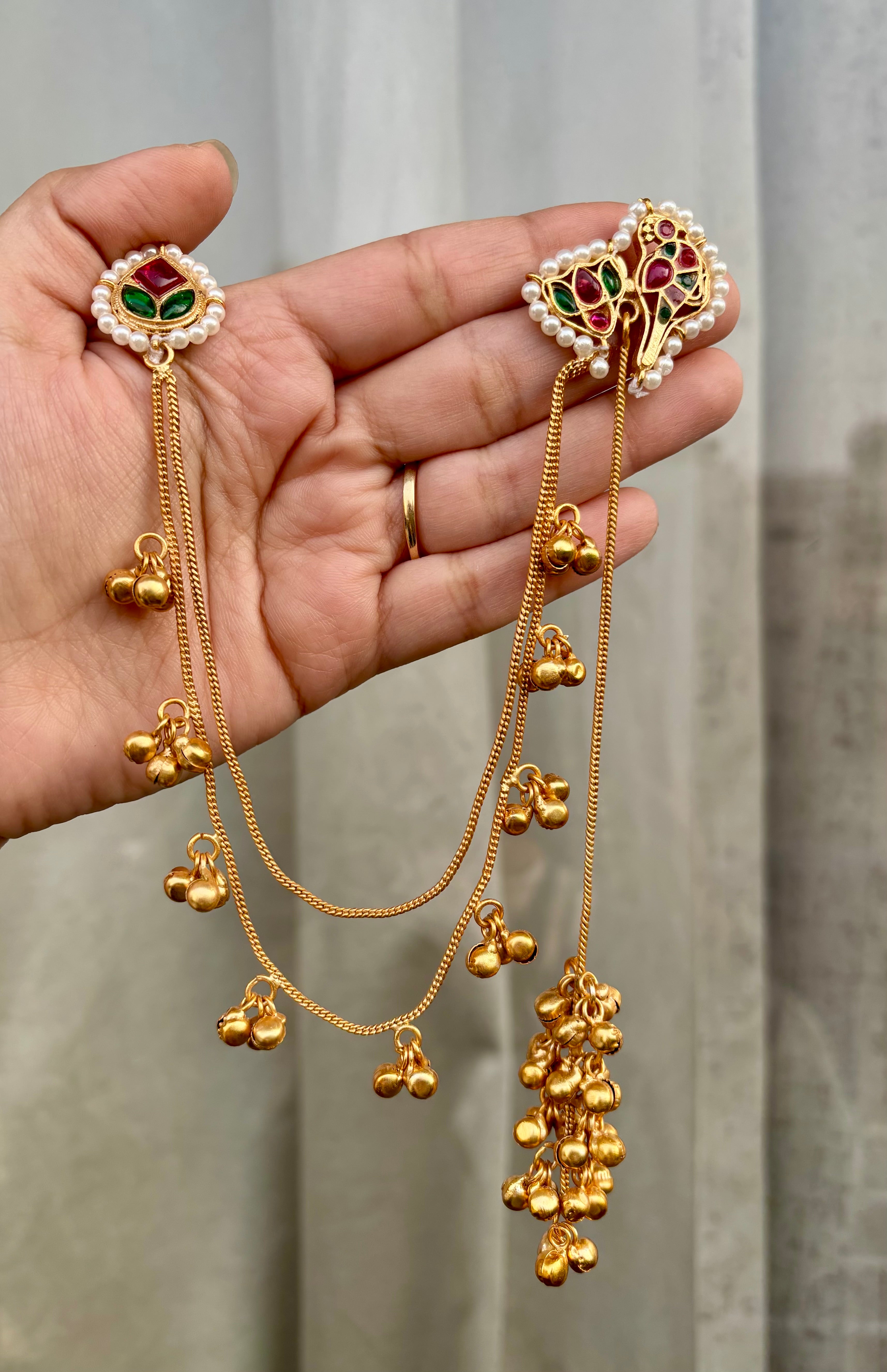 Green & Ruby Mix Kashmiri Earrings With Side Layers