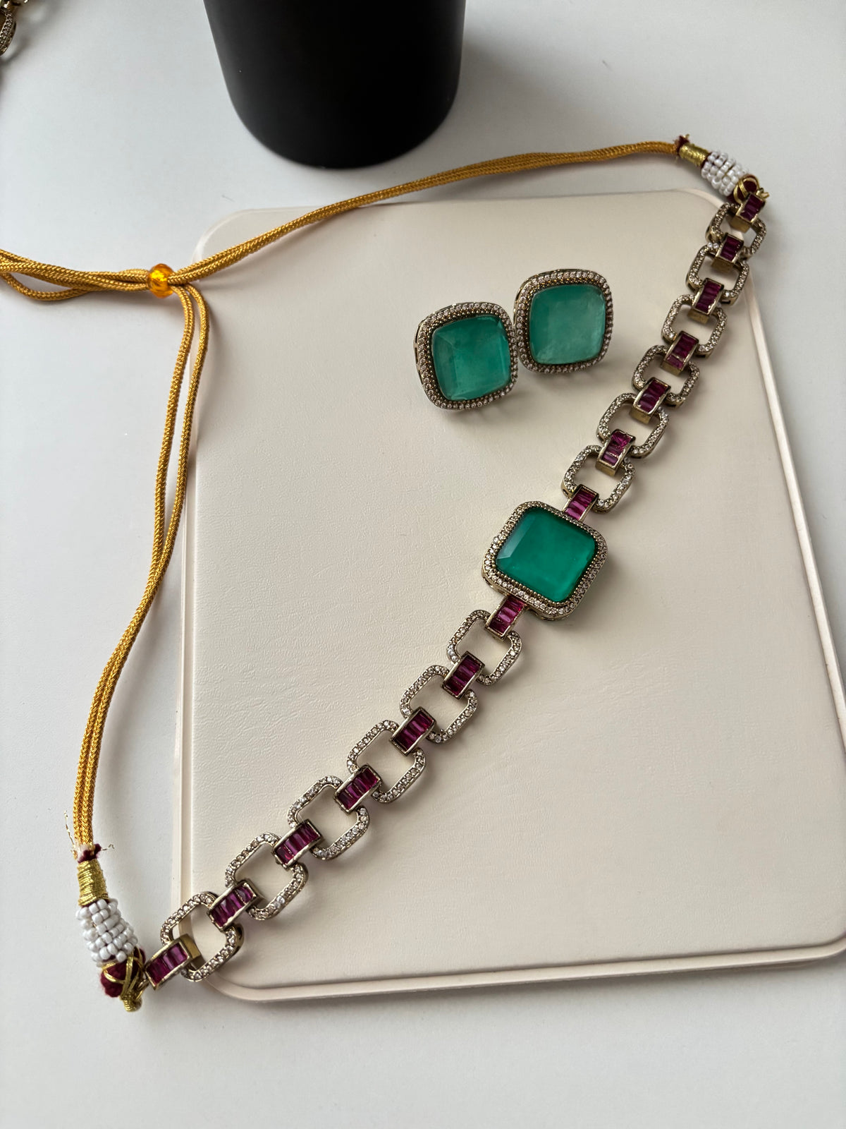 Sabyasachi Inspired Doublet Stone Work Choker With Studs (Turquoise)