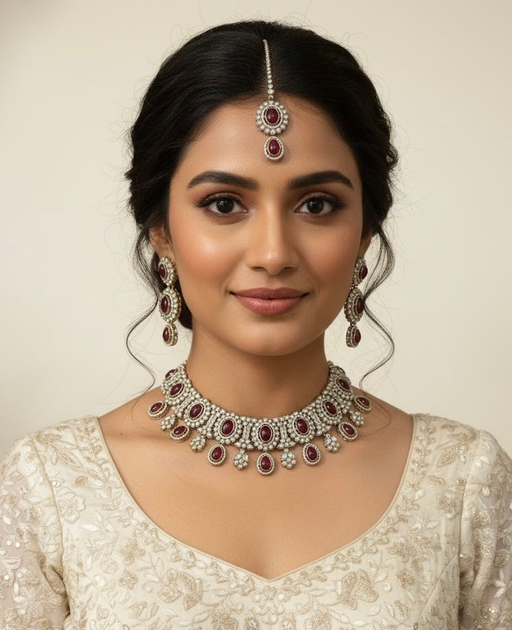 High Quality Designer Bold Maroon Choker With Mang Tikka & Earrings