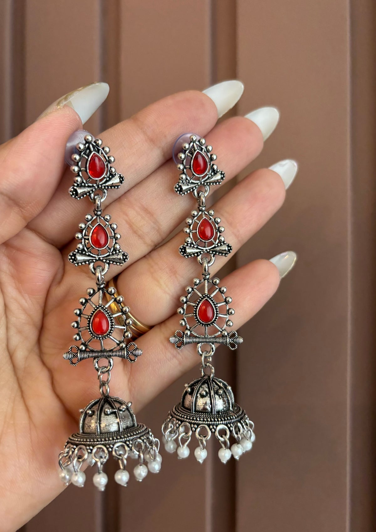 Kajal Silver Jhumkas (Red)