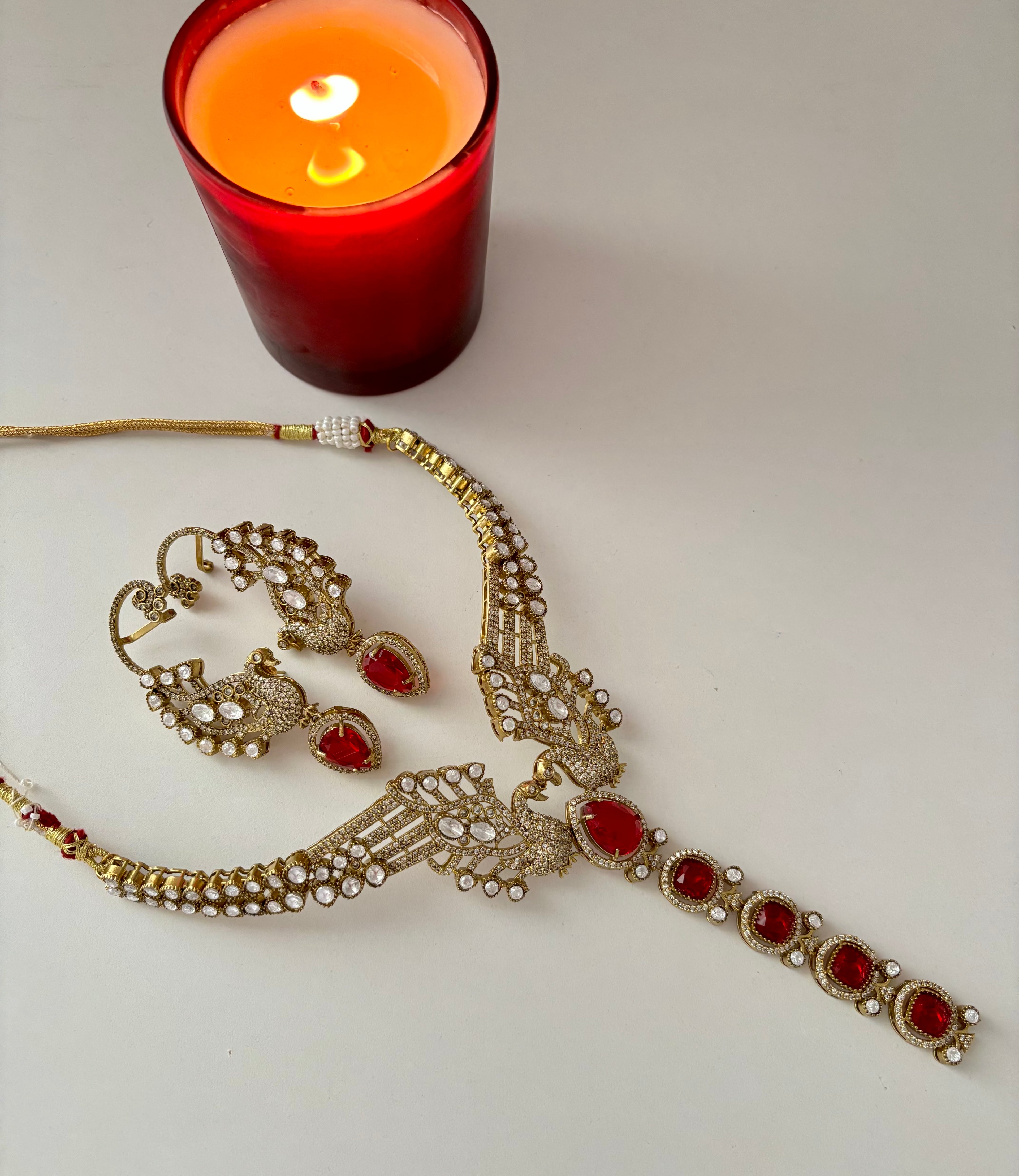 Royal Peacock Designer Statement Premium Doublet Stones Work Necklace With Earcuff (Ruby)